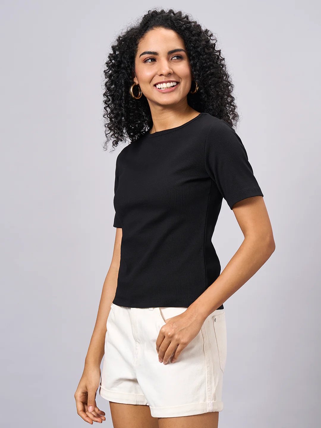 Women's Black Cotton Elastane Regular Fit Tshirt - Image 2
