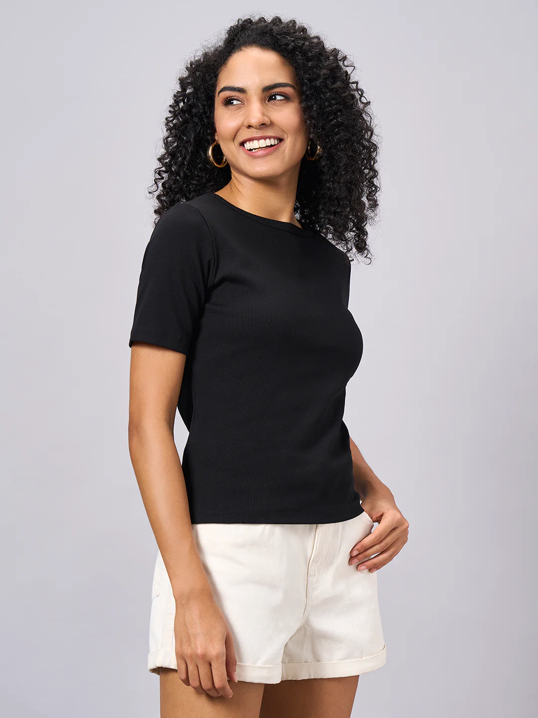 Women's Black Cotton Elastane Regular Fit Tshirt - Image 3