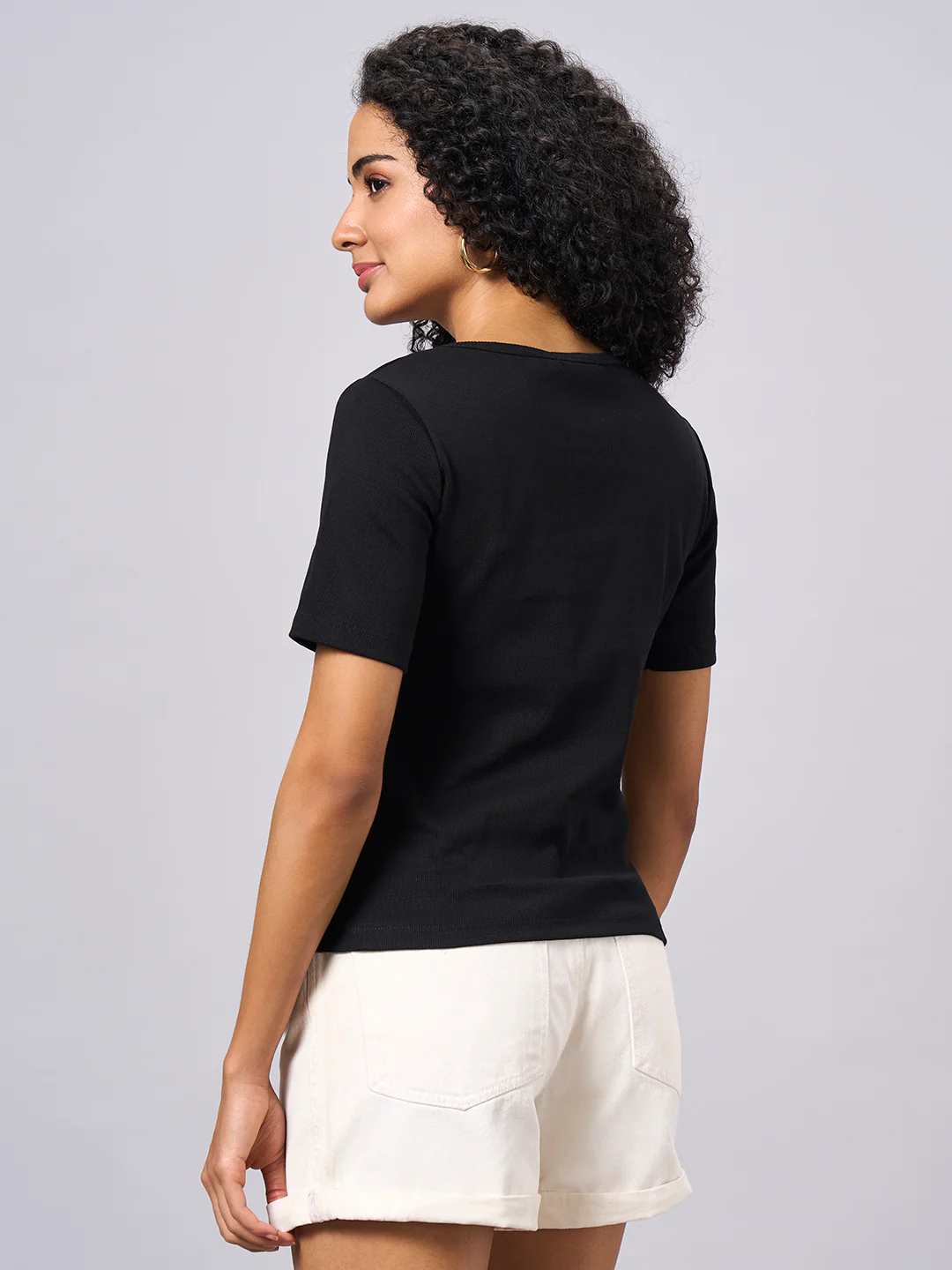 Women's Black Cotton Elastane Regular Fit Tshirt - Image 4