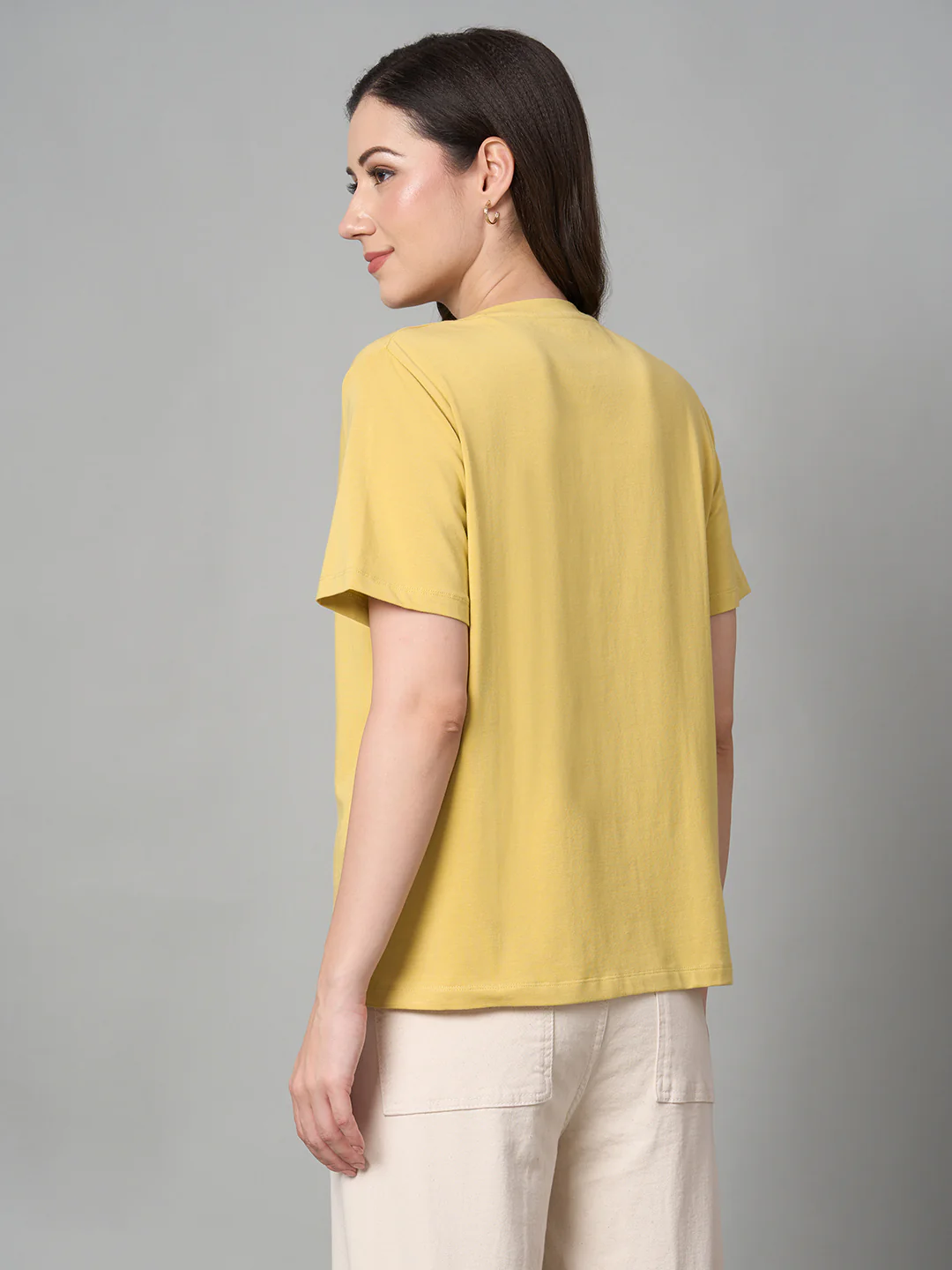 Women's Mustard Cotton Bamboo Elastane Regular Fit Tshirt - Image 4