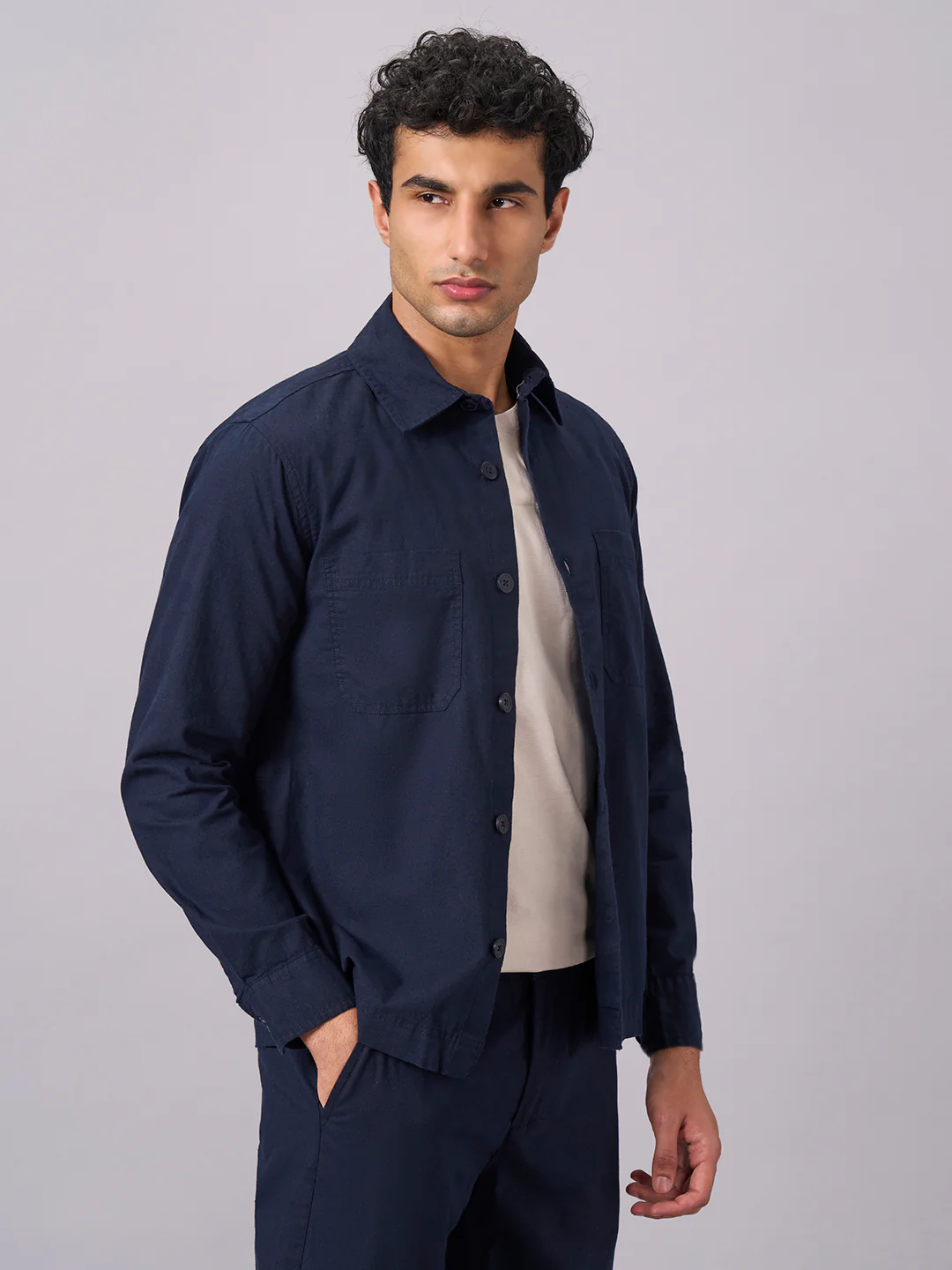Men's Navy Cotton Linen Regular Fit Jacket - Image 3