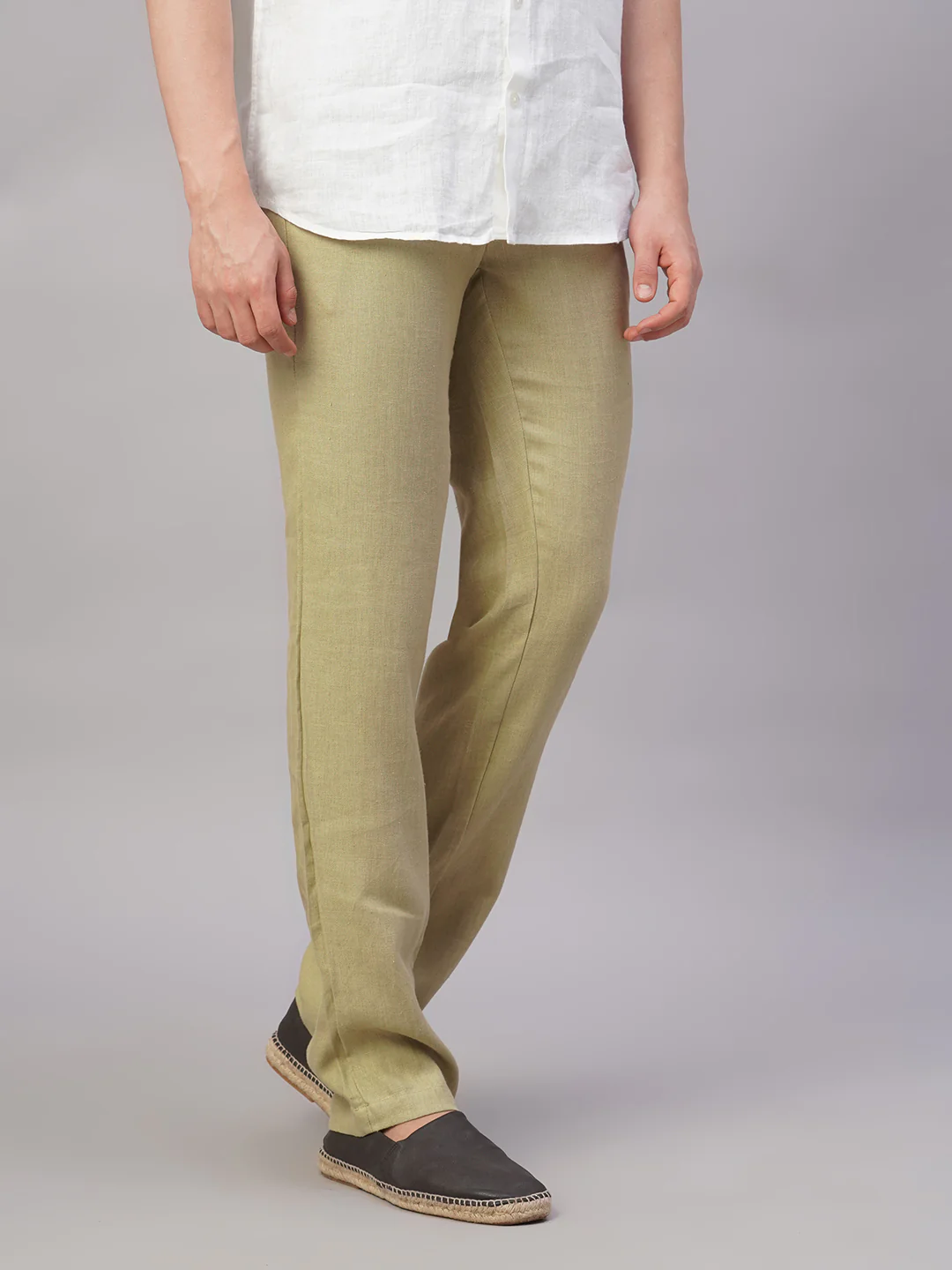Men's Khaki 100% Linen Regular Fit Pant - Image 4