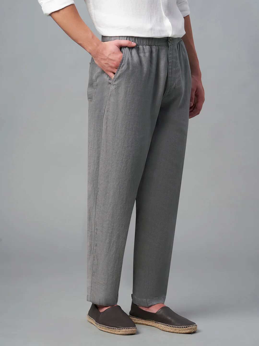 Men's Grey 100% Linen Regular Fit Pant - Image 4
