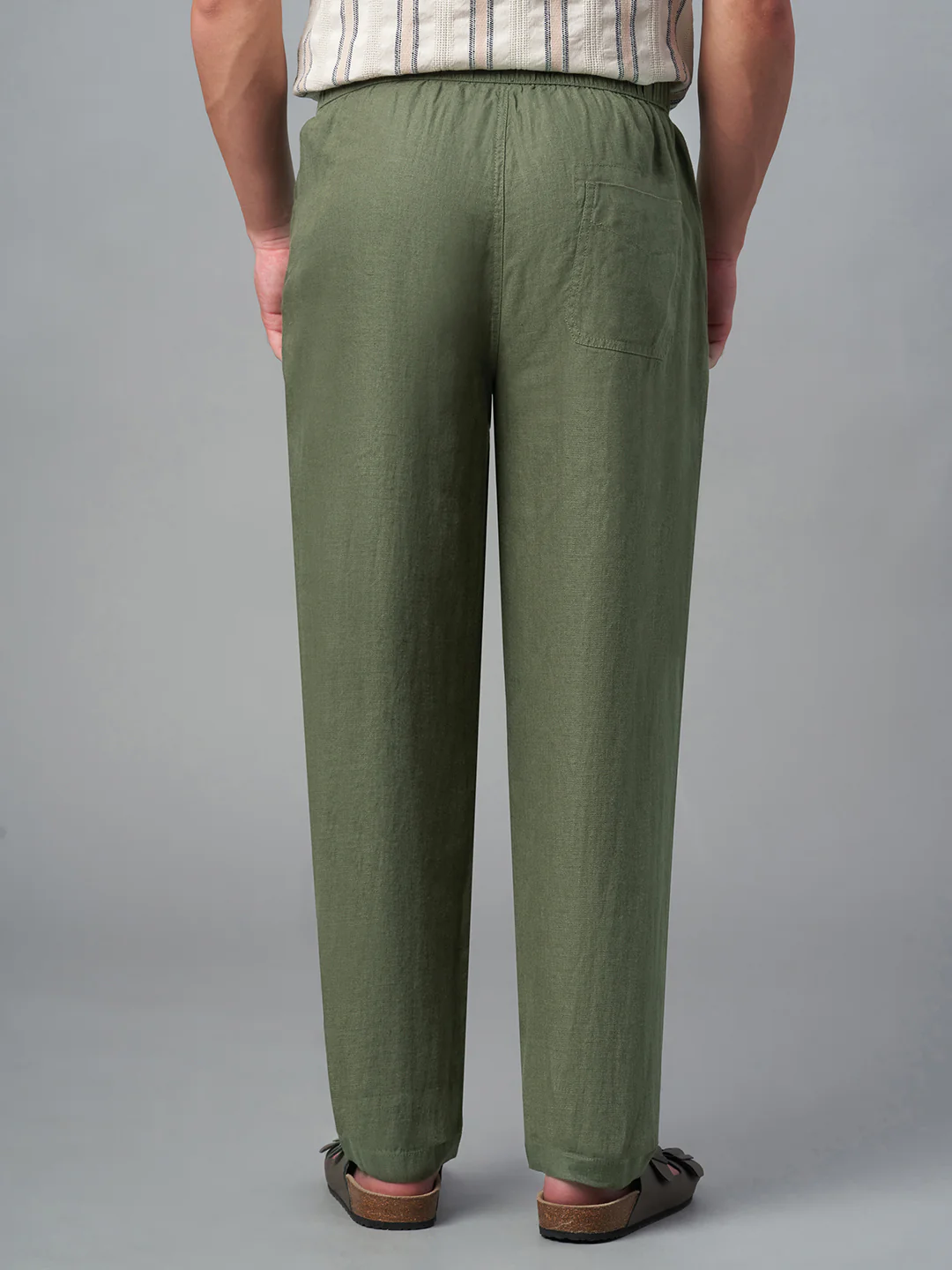 Men's Olive 100% Linen Regular Fit Pant - Image 5