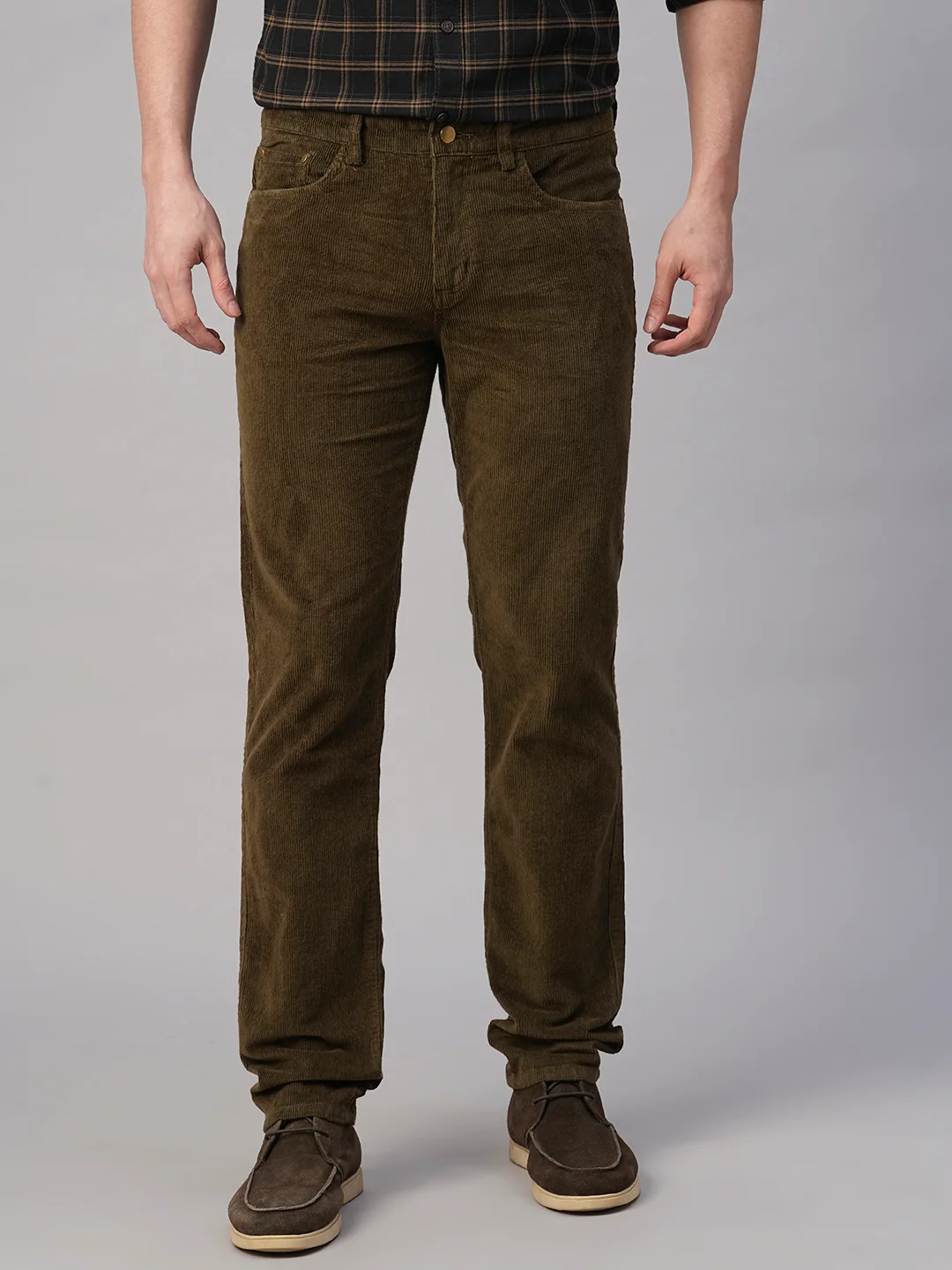 Men's Corduroy Olive 100% Cotton Lycra Slim Fit Pant - Image 3