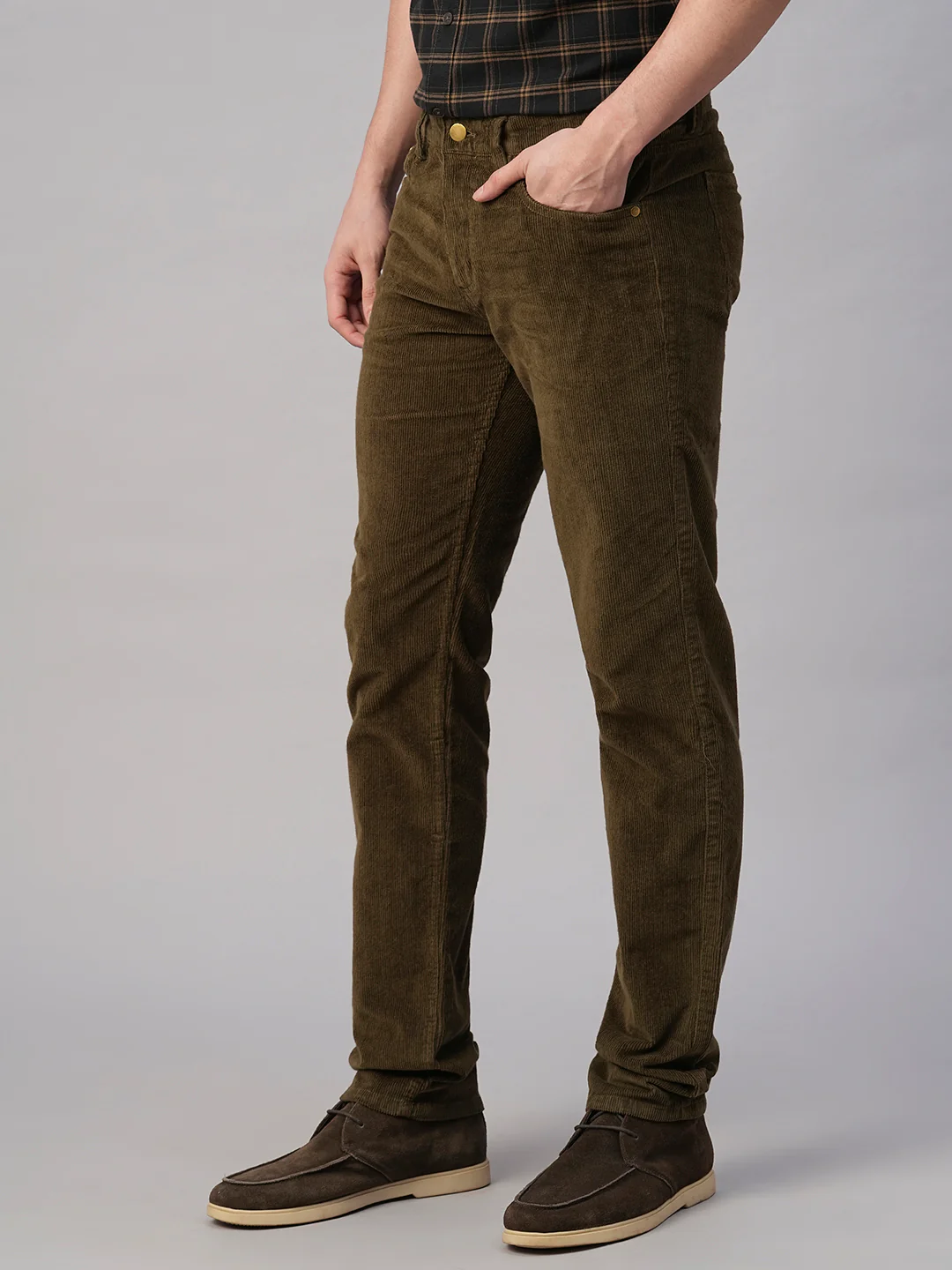 Men's Corduroy Olive 100% Cotton Lycra Slim Fit Pant - Image 4