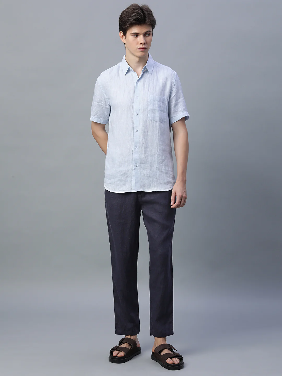 Men's Navy 100% Linen Regular Fit Pant - Image 5