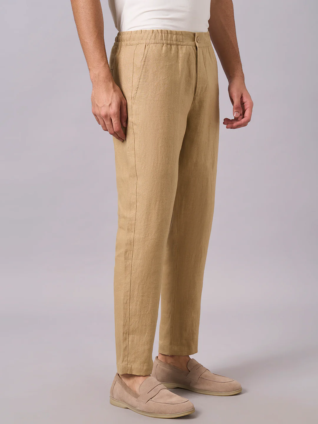 Men's Khaki 100% Linen Regular Fit Pant - Image 4
