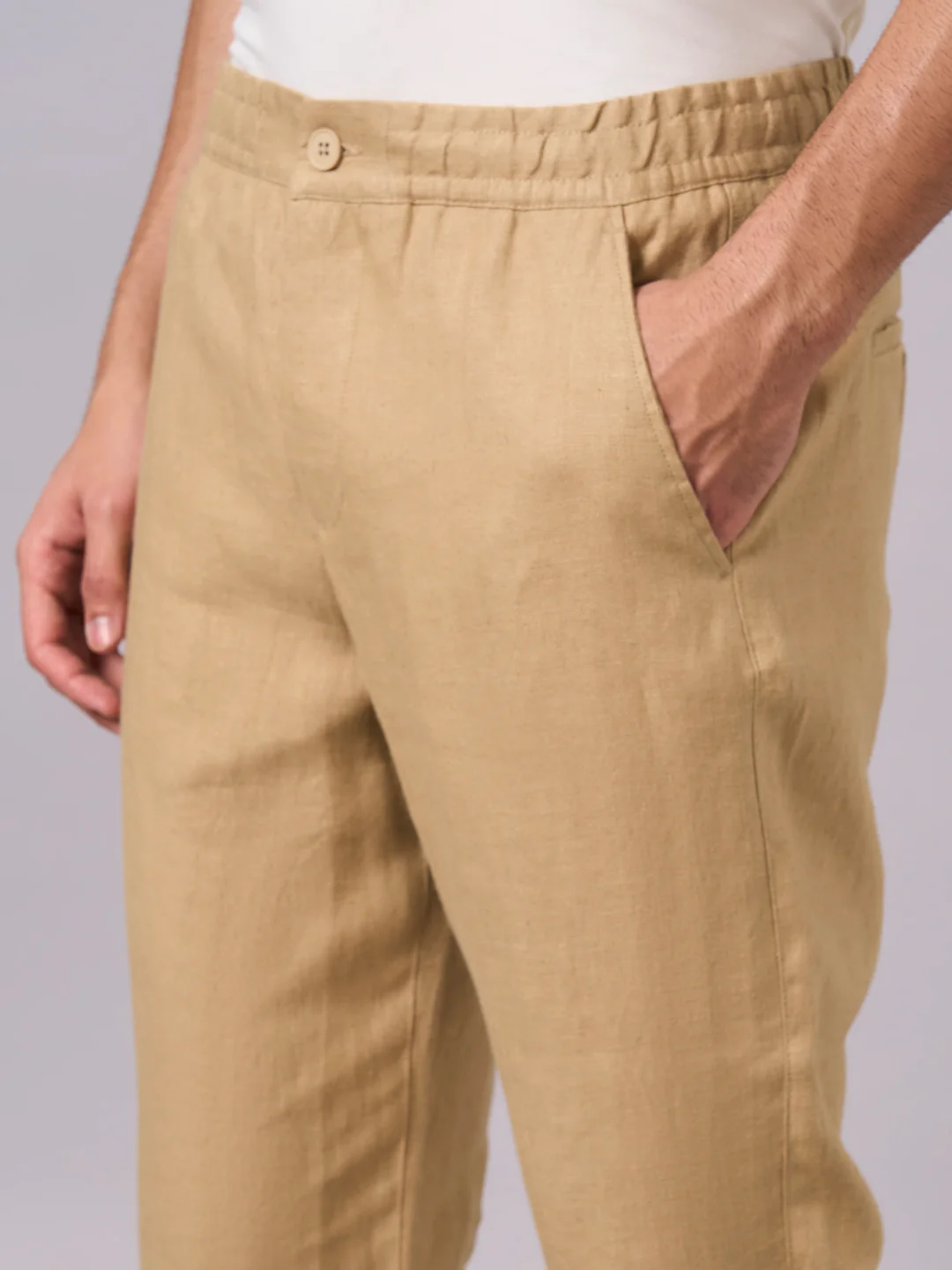 Men's Khaki 100% Linen Regular Fit Pant - Image 7
