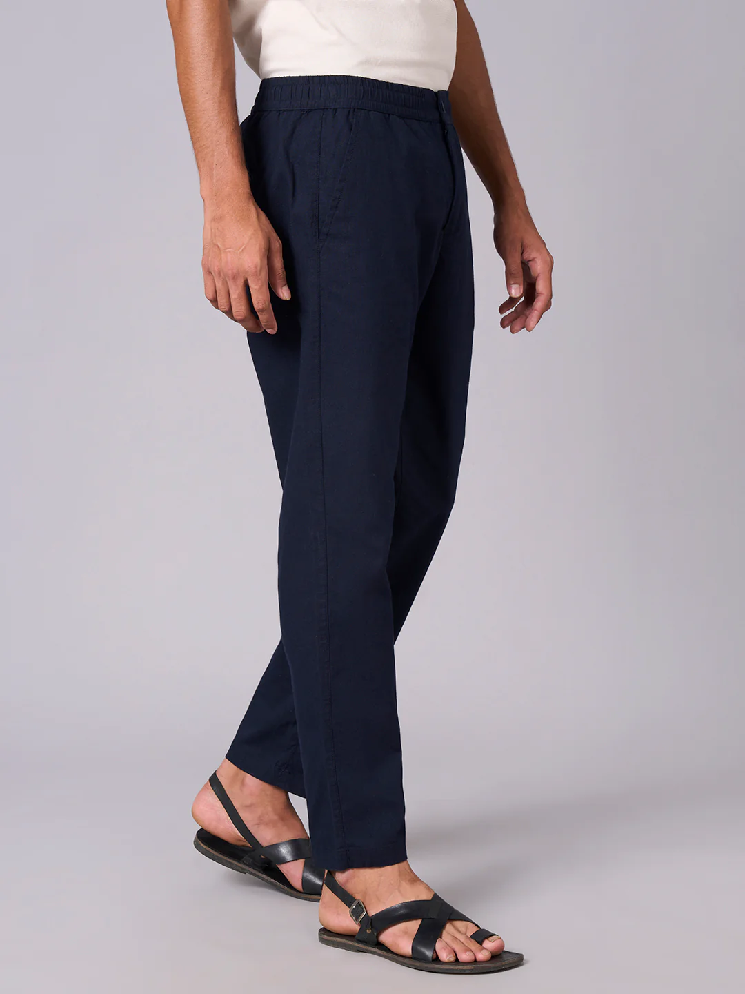 Men's Navy Cotton Linen Regular Fit Pant - Image 4