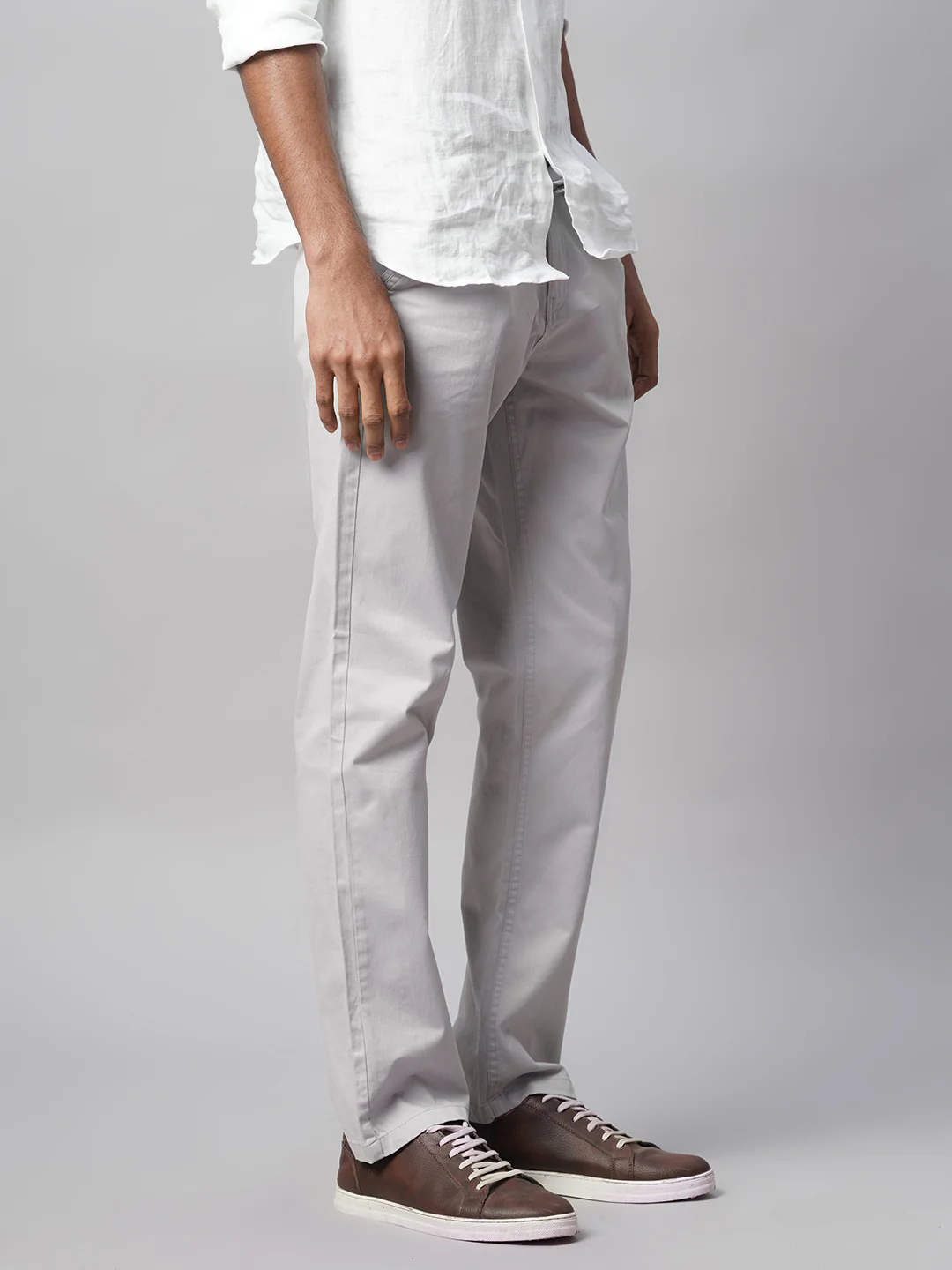 Men's Grey Cotton Lycra Regular Fit Pant - Image 4