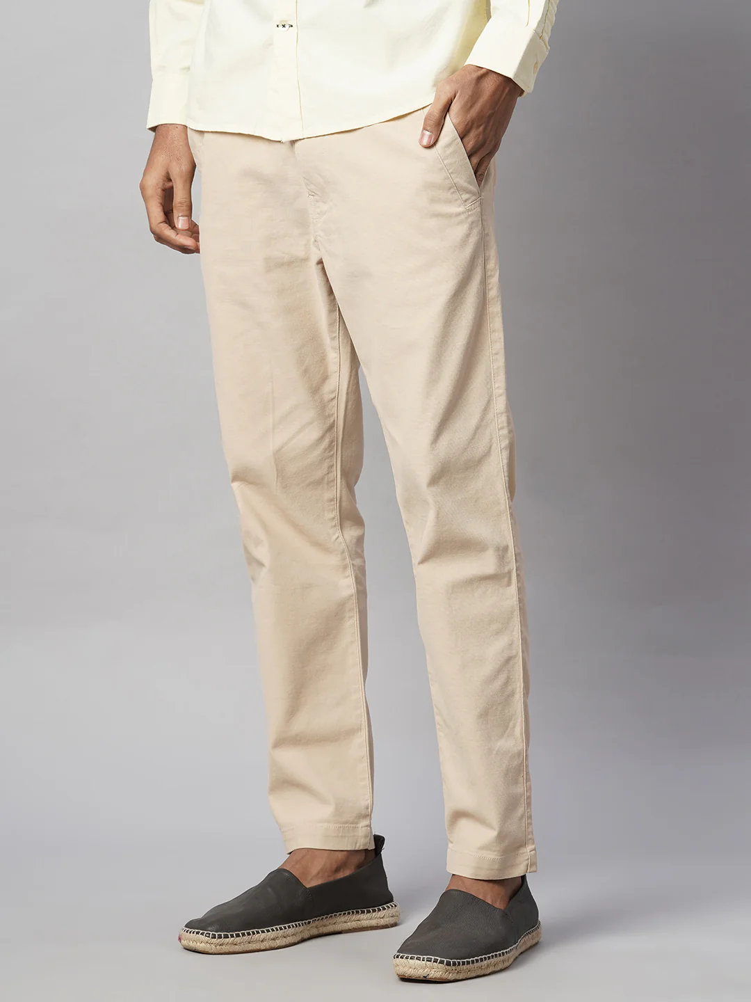 Men's Beige Cotton Lycra Slim Fit Pant - Image 3