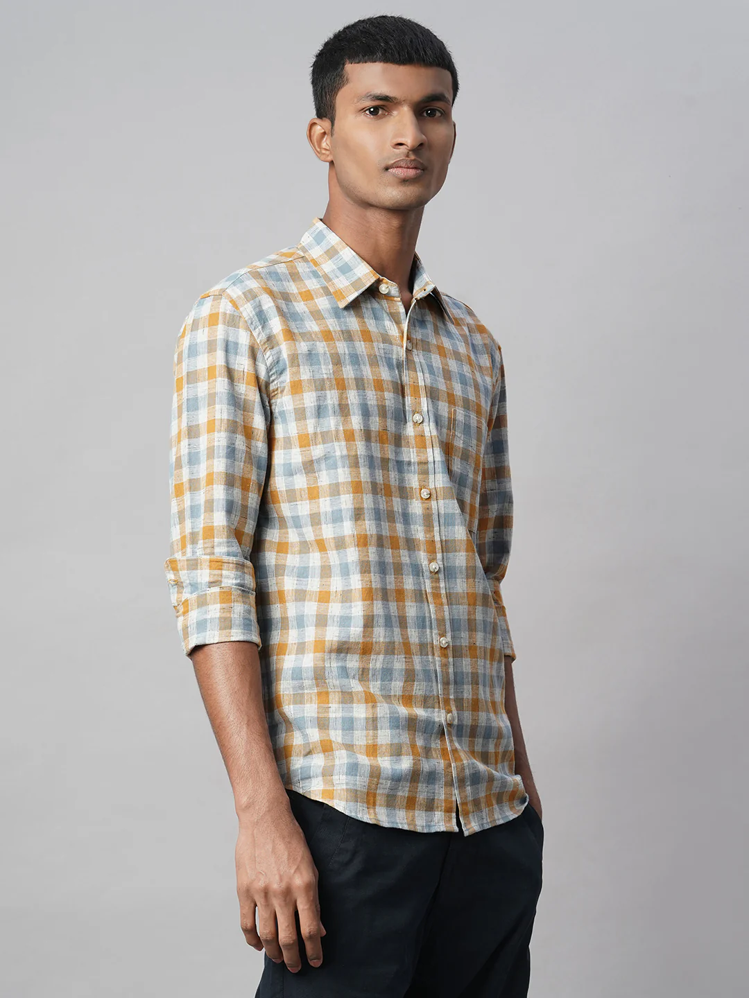 Men's Mustard Cotton Linen Regular Fit Shirt - Image 4