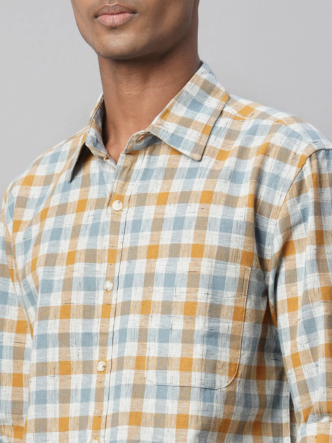 Men's Mustard Cotton Linen Regular Fit Shirt - Image 7