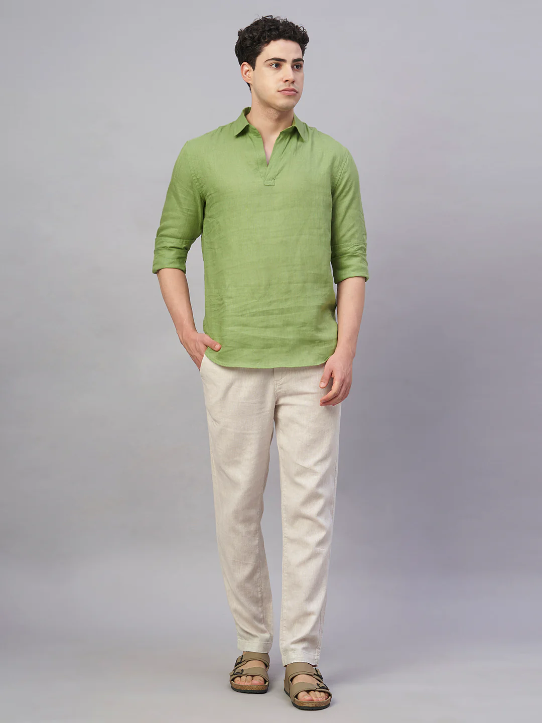 Men's Olive 100% Linen Regular Fit Shirt - Image 2