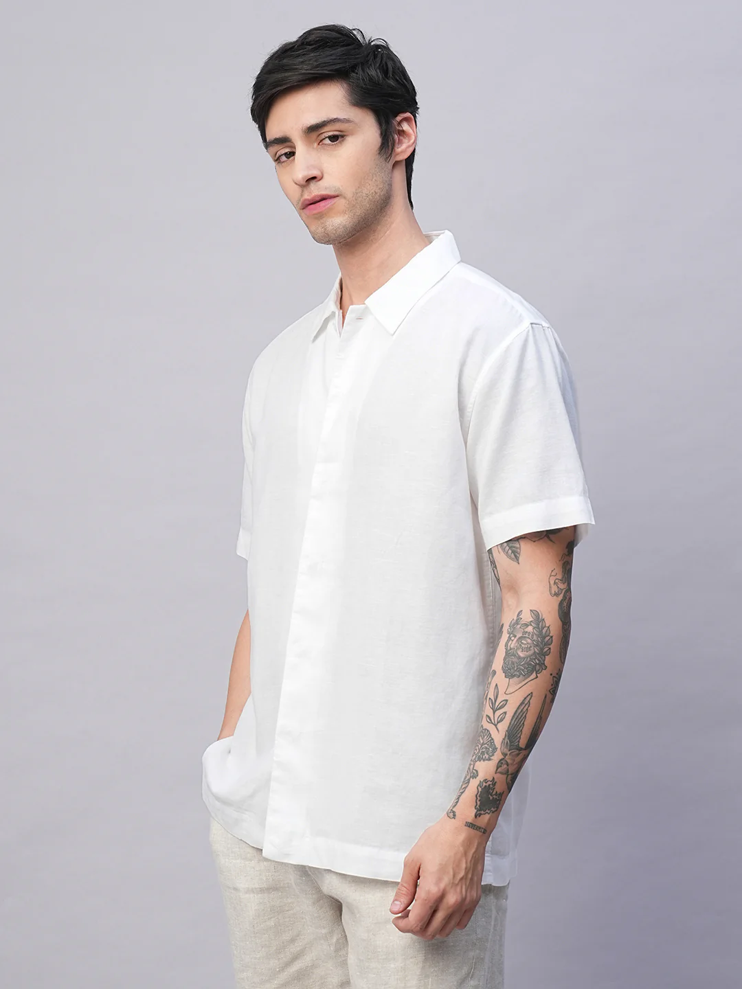 Men's White Cotton Linen Regular Fit Summer Shirt - Image 3
