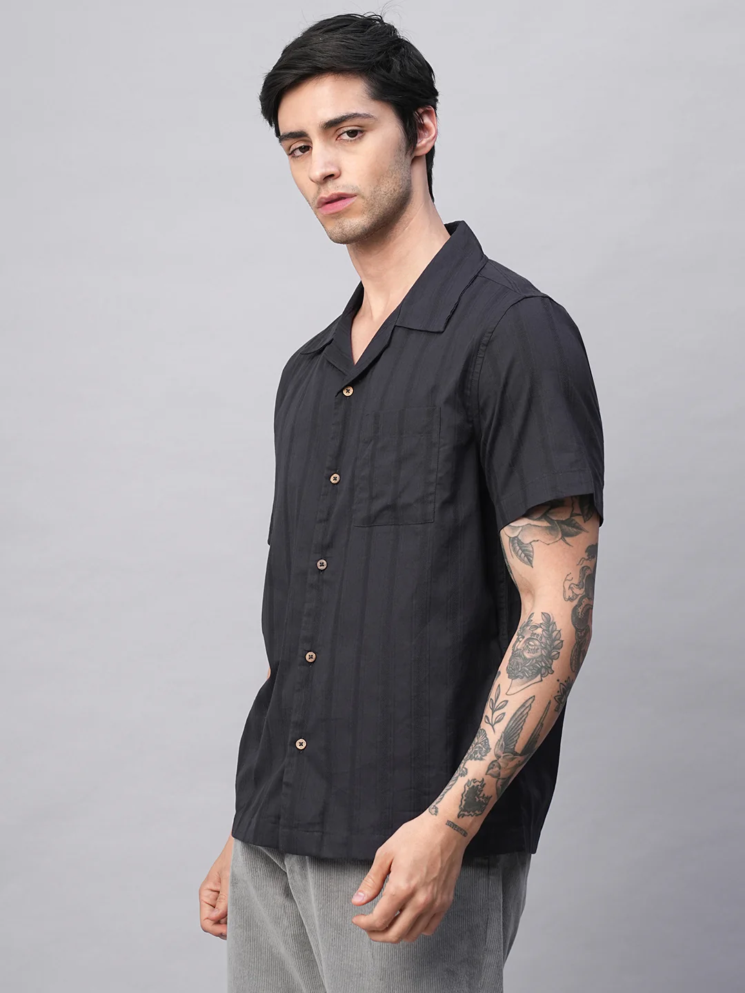 Men's Navy 100% Cotton Stripe Regular Fit Cuban Collar Shirt - Image 3