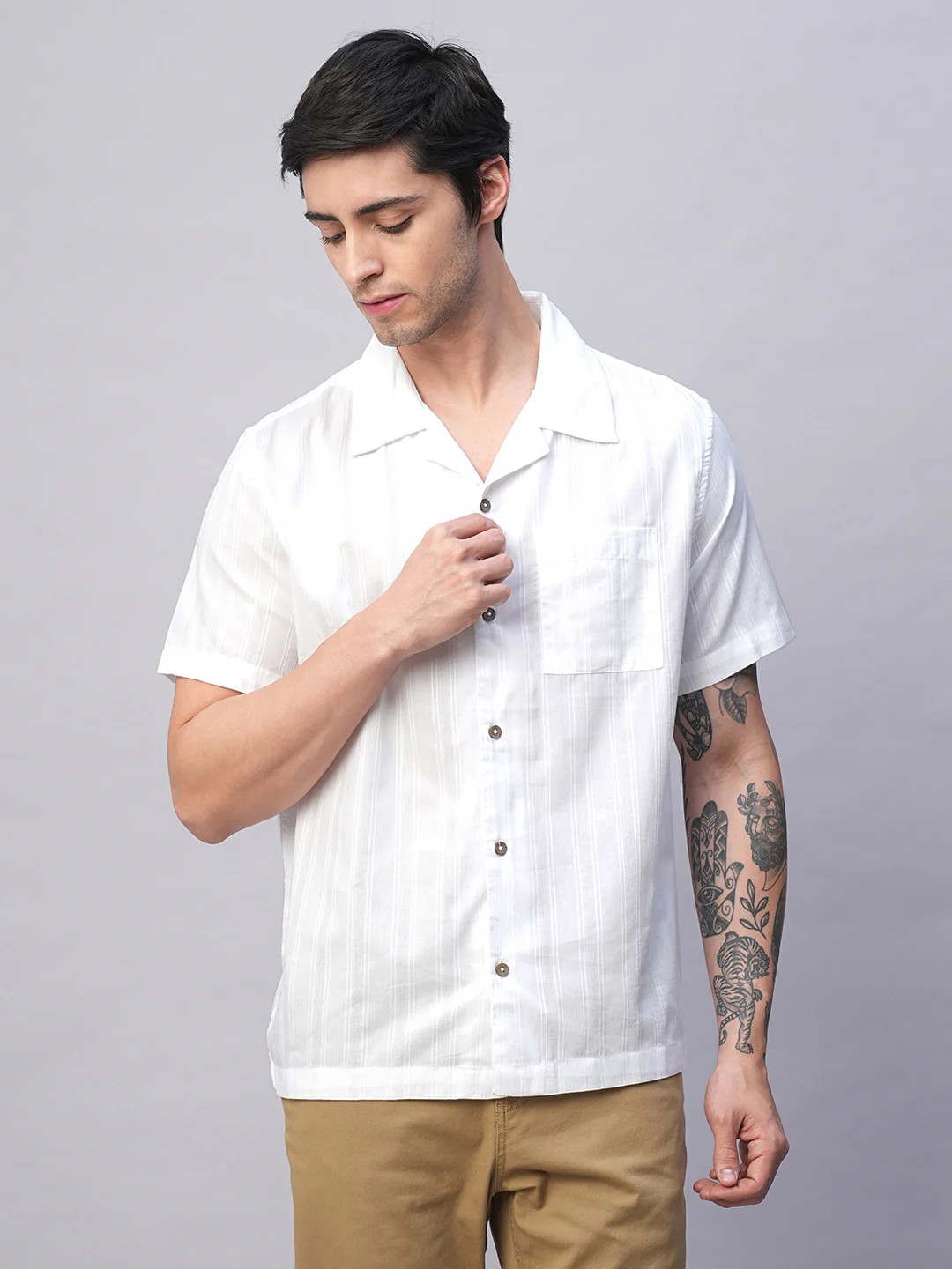 Men's White 100% Cotton Stripe Regular Fit Cuban Collar  Shirt - Image 3