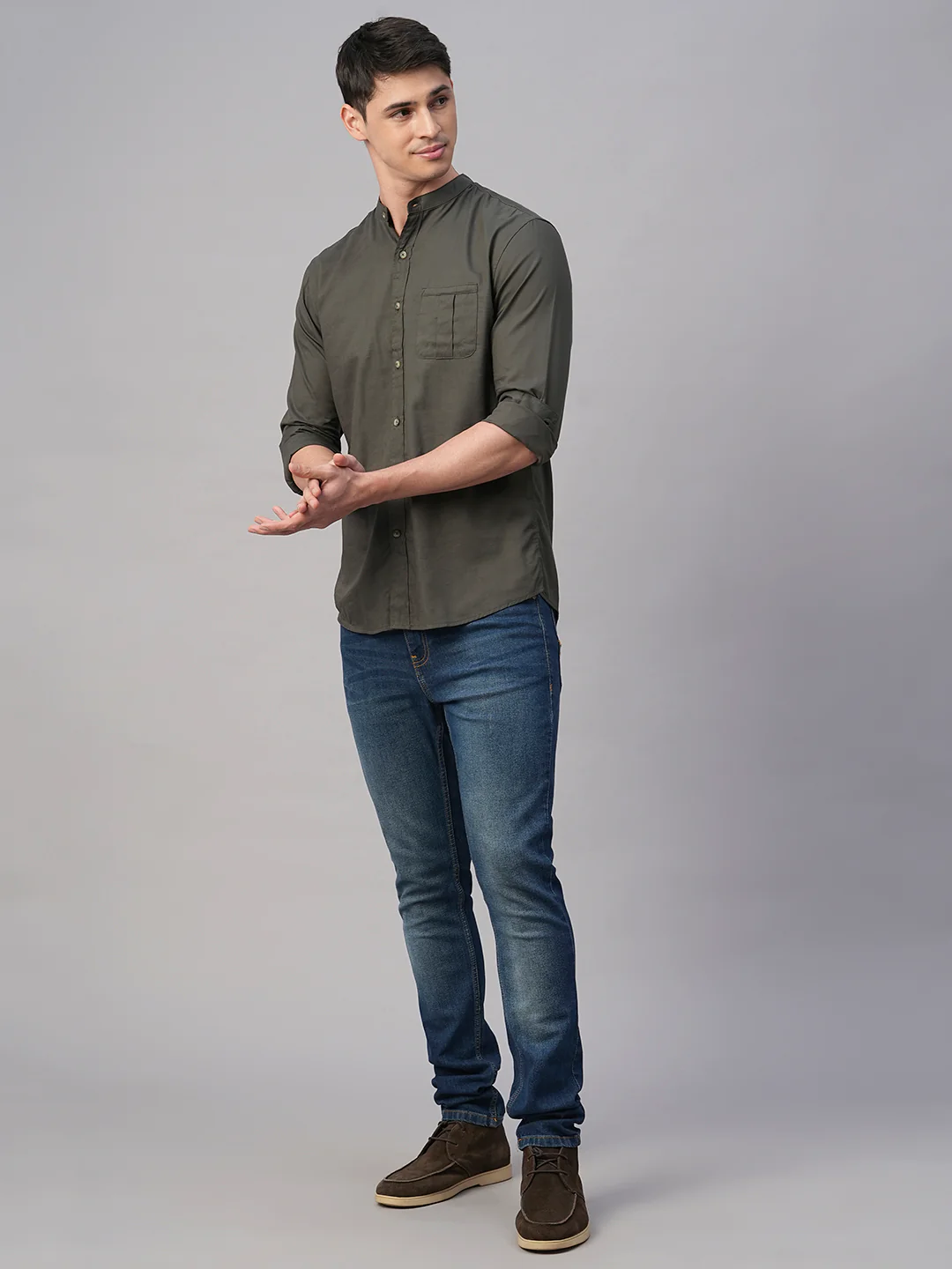 Men's Olive Cotton Modal Regular Fit Shirt - Image 2