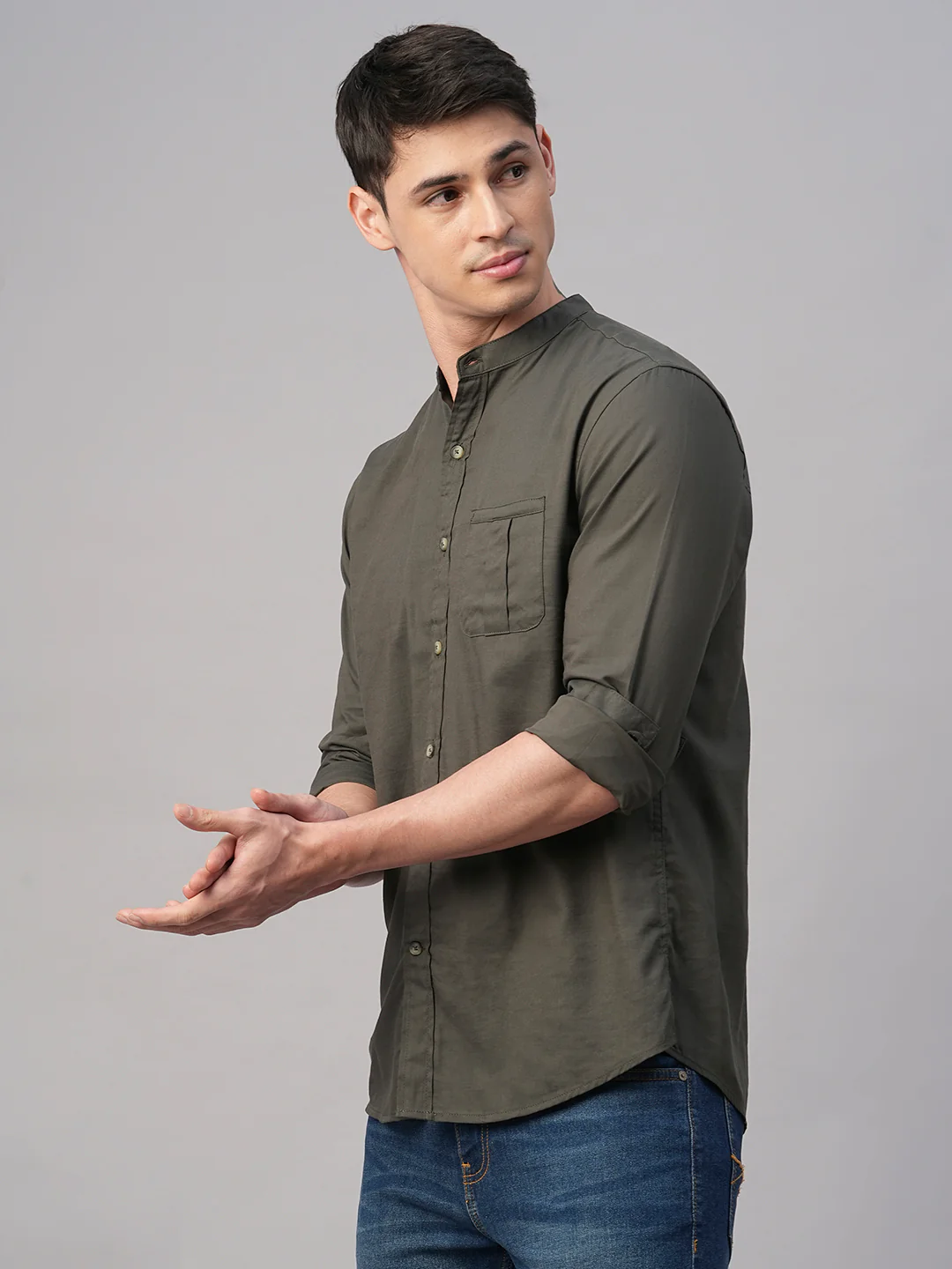 Men's Olive Cotton Modal Regular Fit Shirt - Image 3