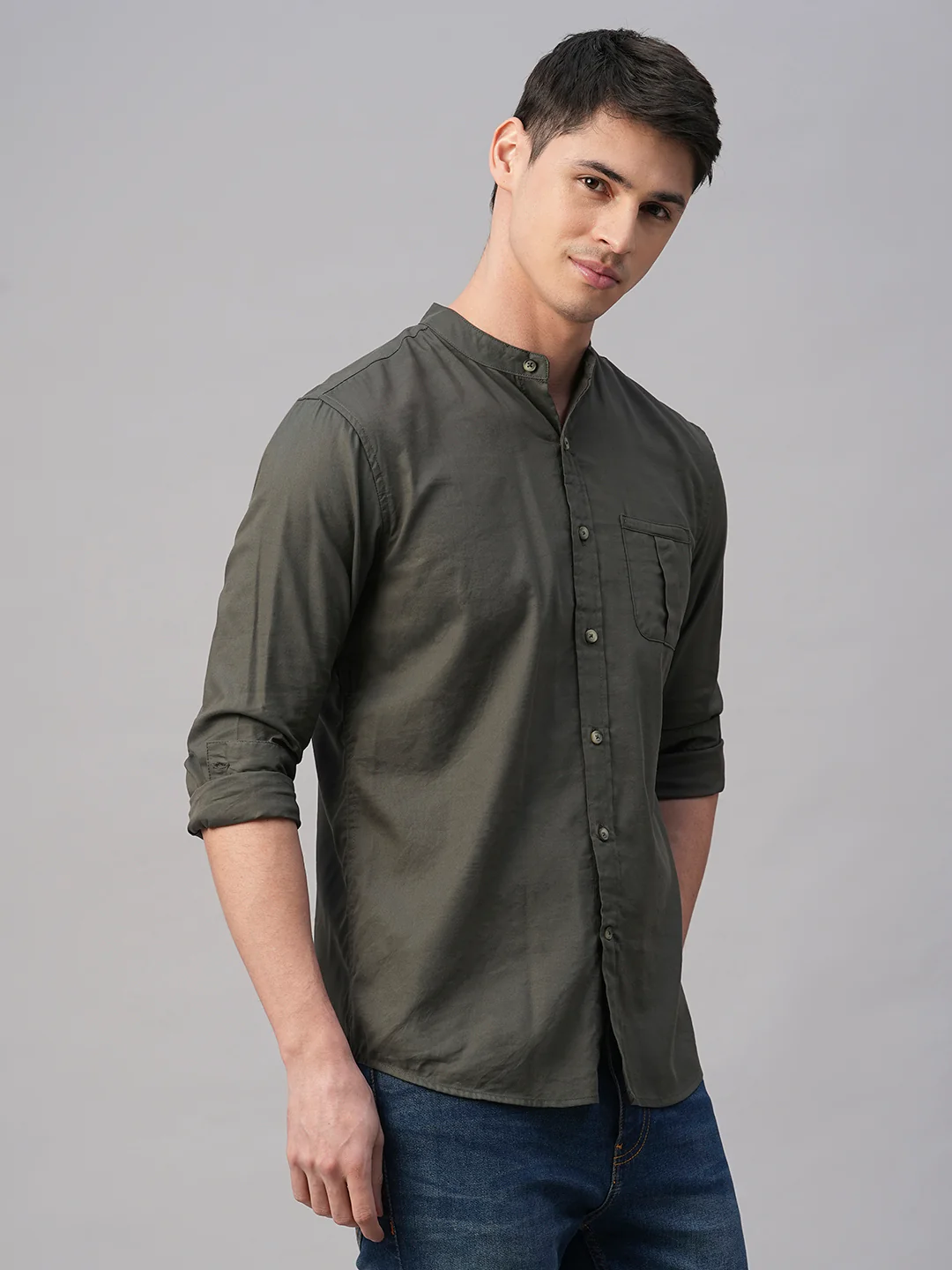 Men's Olive Cotton Modal Regular Fit Shirt - Image 4