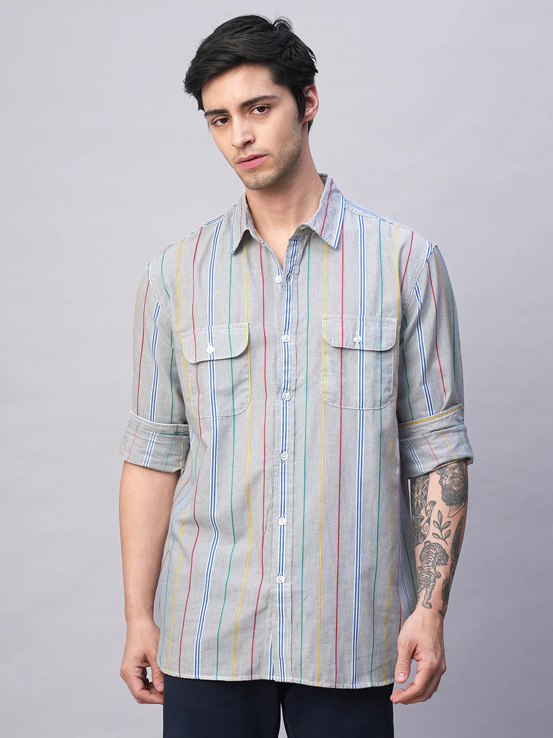 Men's Blue 100% Cotton Regular Fit 2 Pocket  Stripe Summer Shirt - Image 3