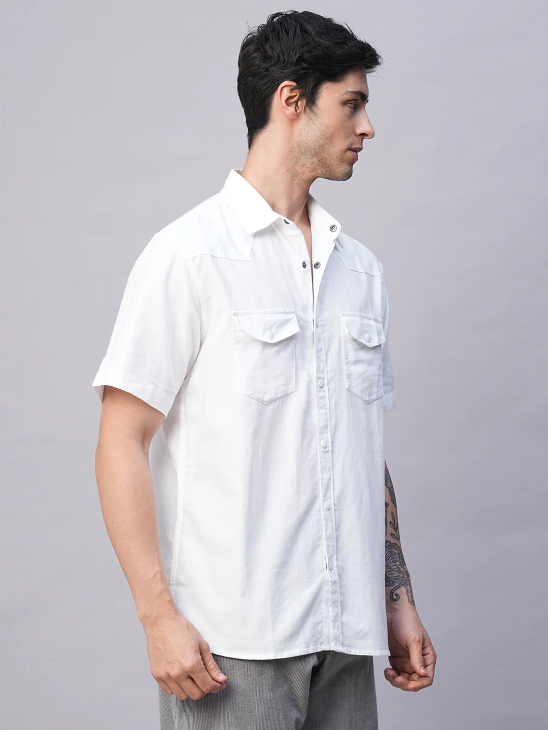 Men's White 100% Cotton Regular Fit 2 Pocket Western Yoke Shirt - Image 4