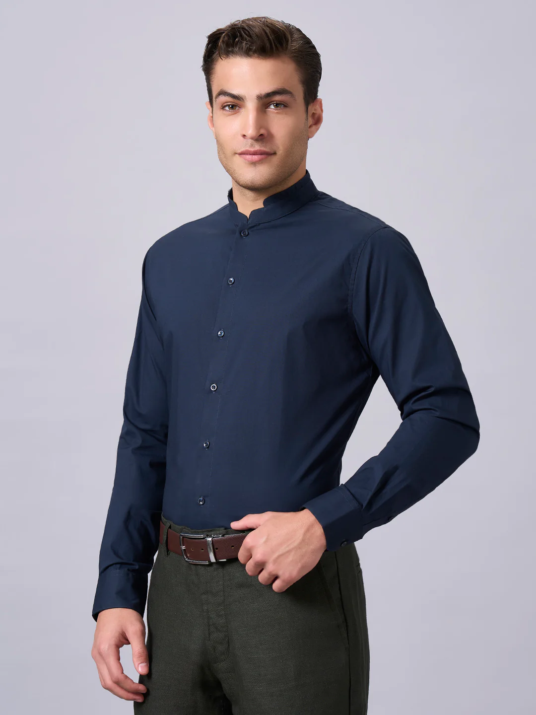 Men's Navy Cotton Lycra Slim Fit Shirt - Image 2