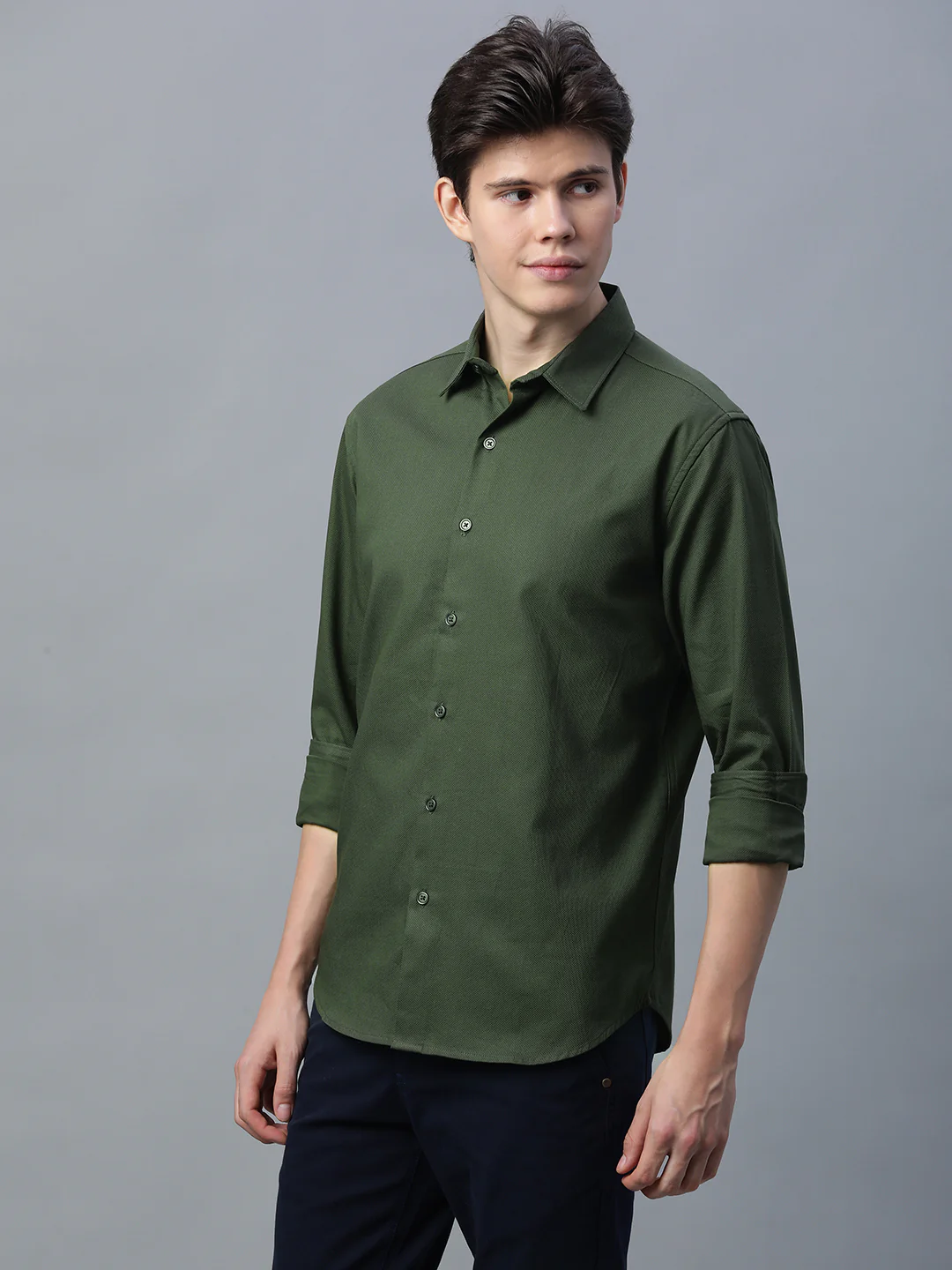 Men's Olive 100% Cotton Slim Fit Shirt - Image 2