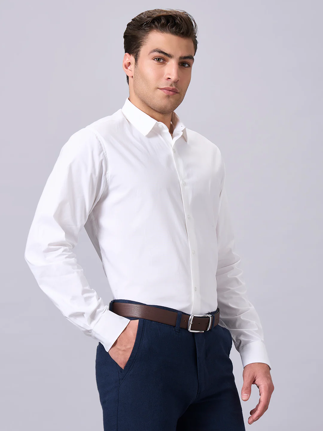 Men's White Cotton Lycra Slim Fit Shirt - Image 3