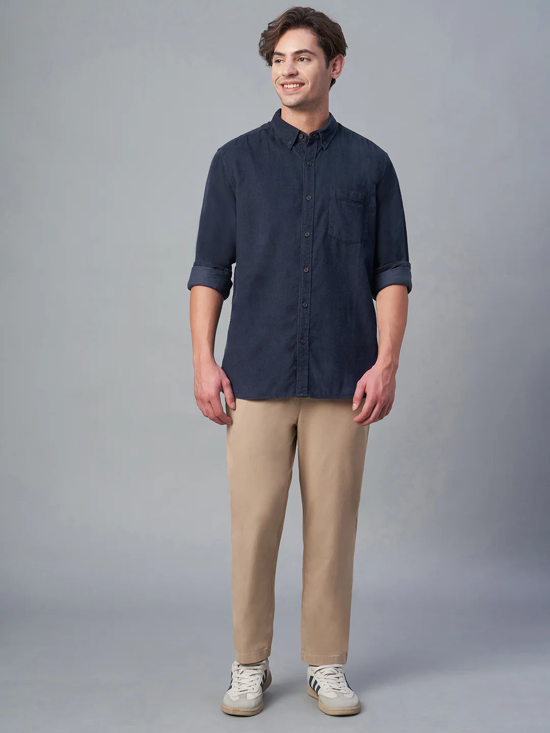 Men's Corduroy 100% Cotton Navy Regular Fit Long Sleeved Shirt - Image 5