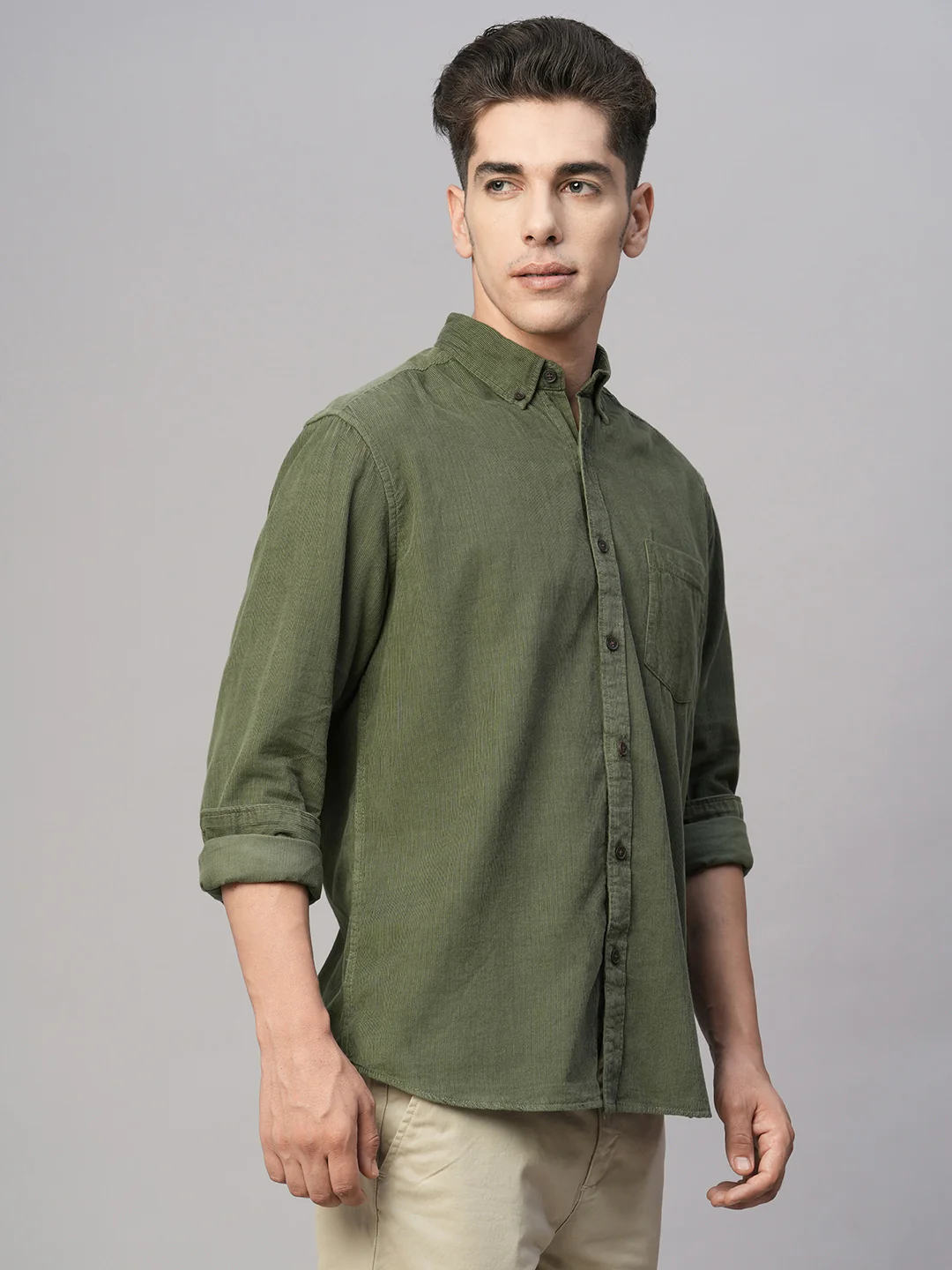 Men's Corduroy 100% Cotton Olive Regular Fit Long Sleeved Shirt - Image 5