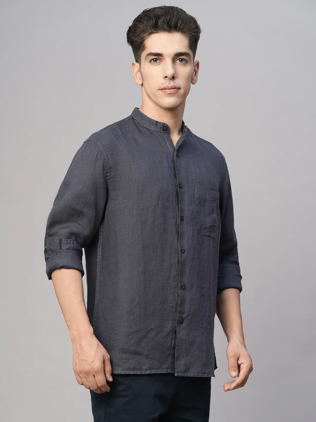 Men's Navy Linen Regular Fit Shirt - Image 4
