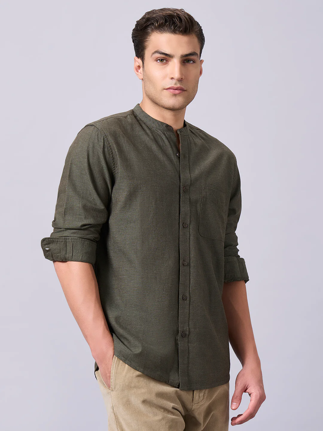 Men's Olive 100% Cotton Regular Fit Shirt - Image 3
