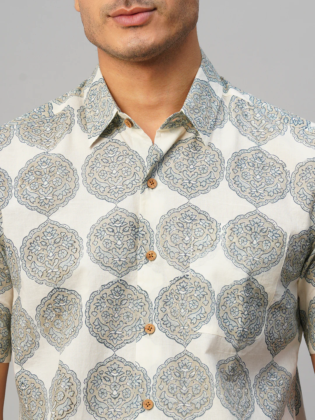 Men's Cotton Hand Block Printed Regular Fit Grey Shirt - Image 6