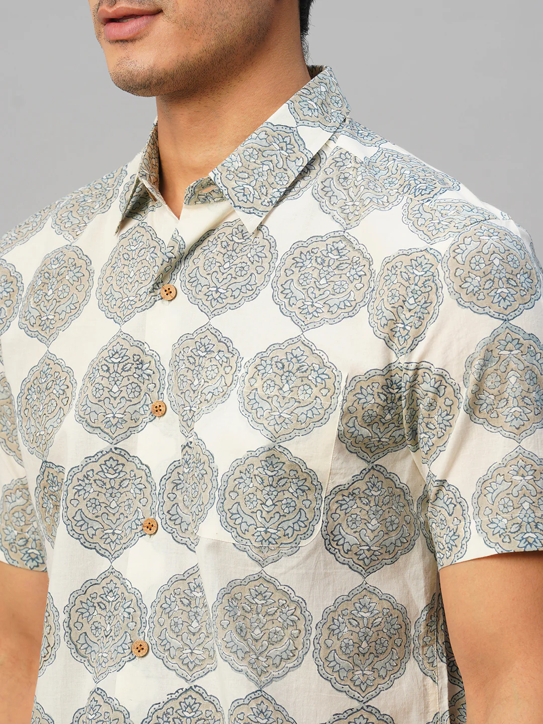 Men's Cotton Hand Block Printed Regular Fit Grey Shirt - Image 7