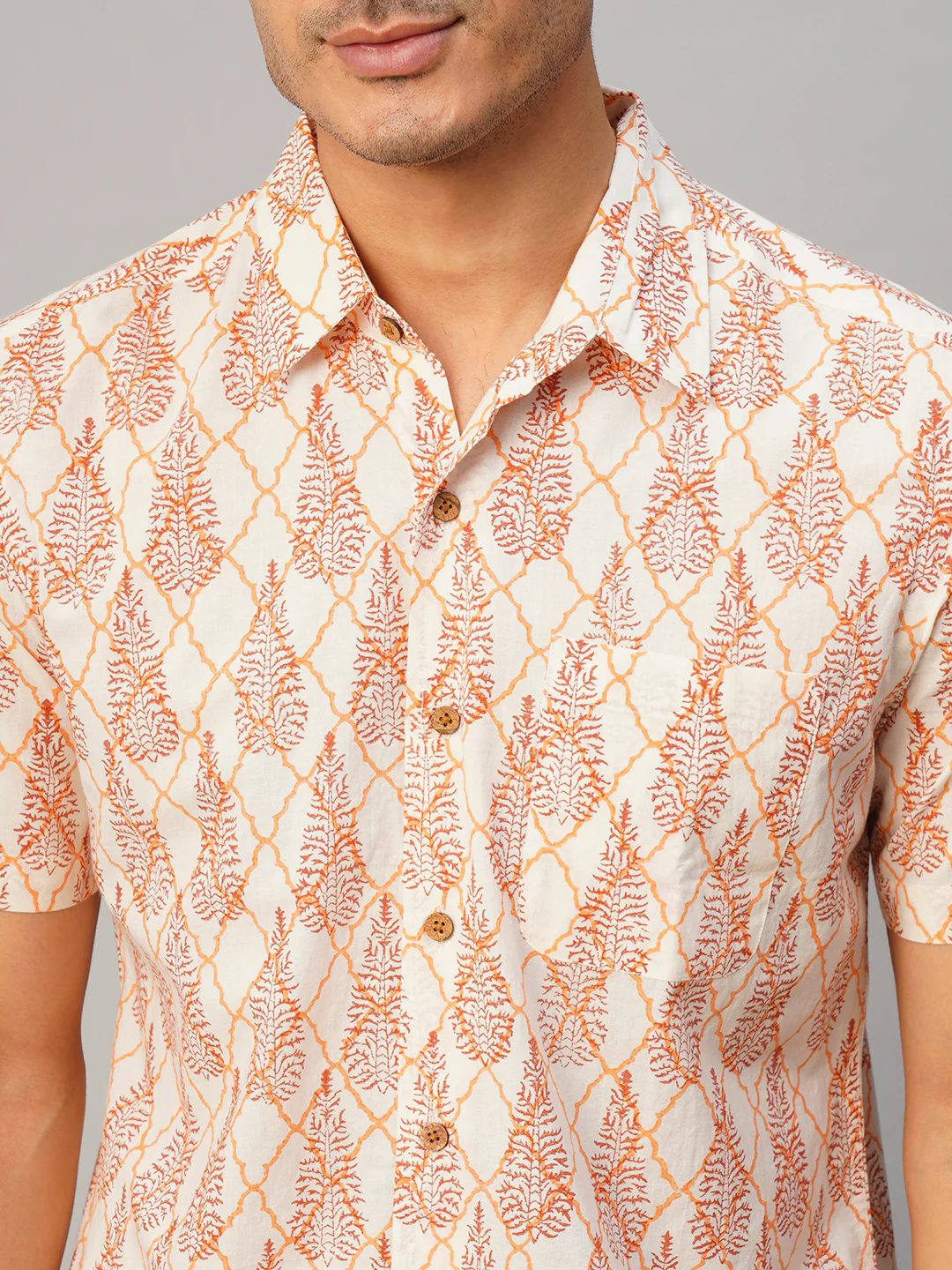 Men's Cotton Hand Block Printed Regular Fit Brown Shirt - Image 6