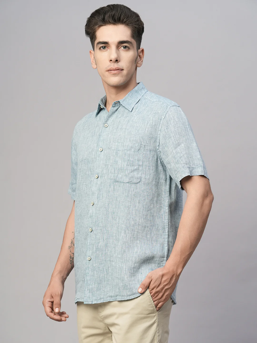 Men's Dk Blue 100% Linen Regular Fit Shirt - Image 3