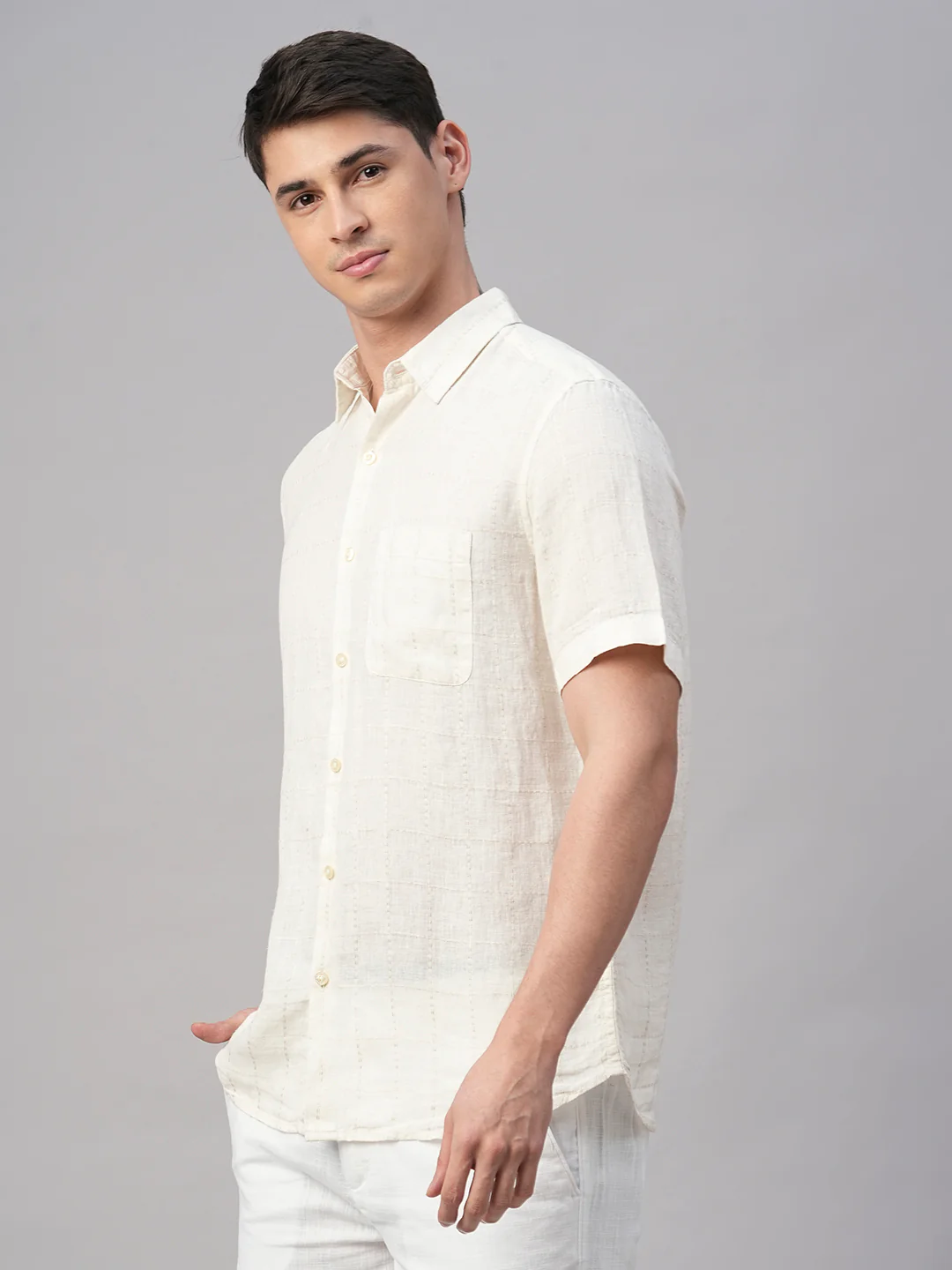 Men's Offwhite 100% Linen Regular Fit Shirt - Image 3