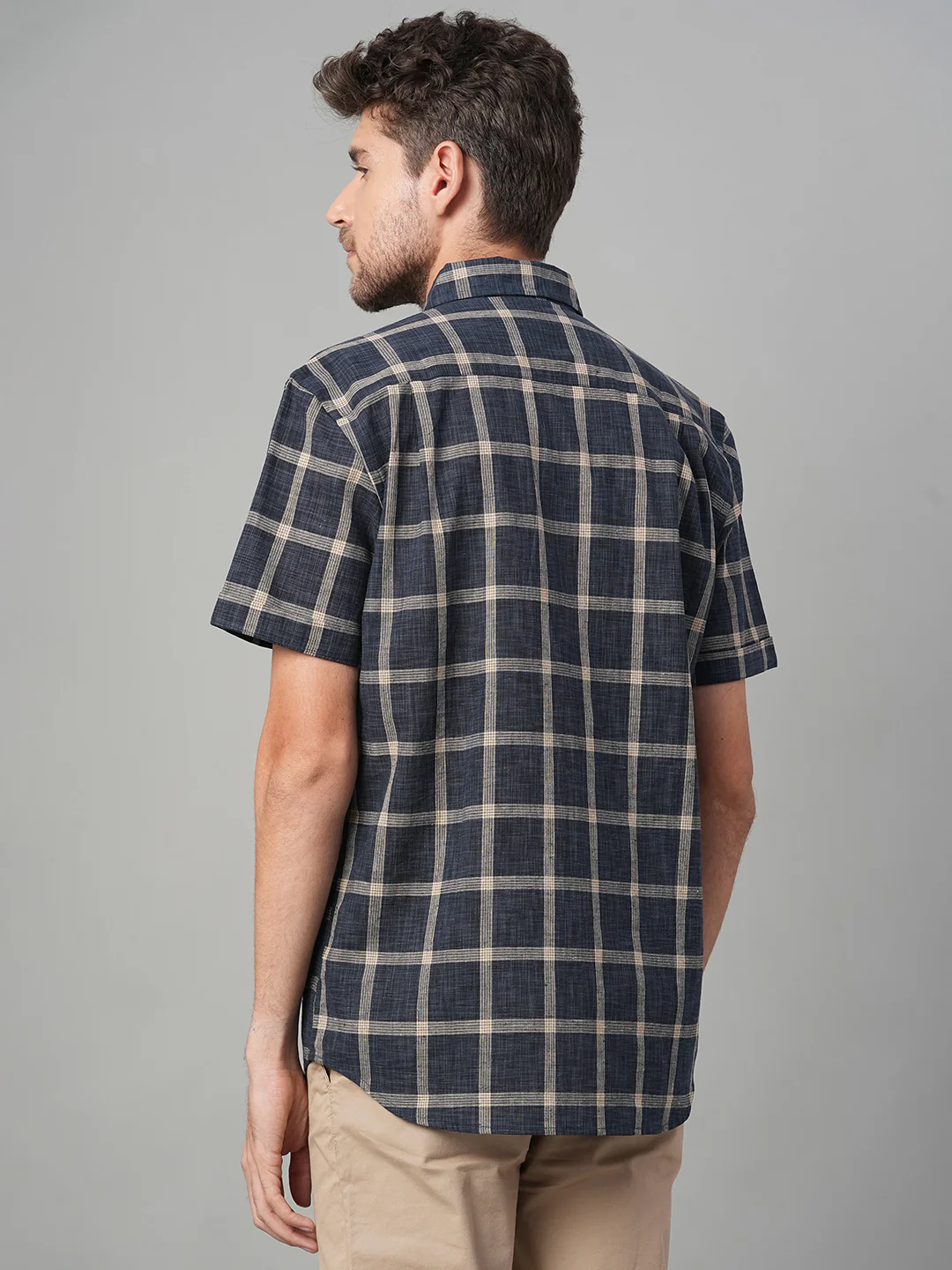 Men's Navy Cotton Linen Regular Fit Shirt - Image 5