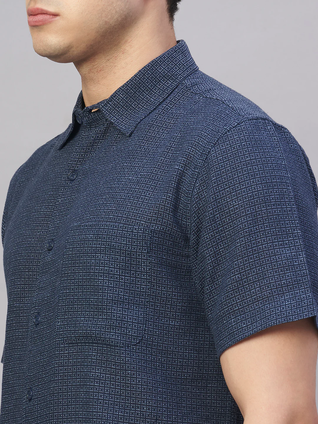 Men's Navy Cotton Flax Regular Fit Shirt - Image 7