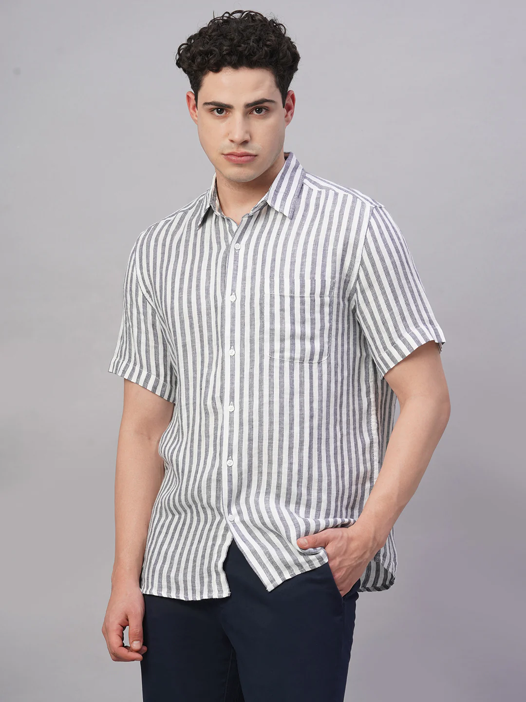 Men's Navy 100% Linen Regular Fit Shirt - Image 4