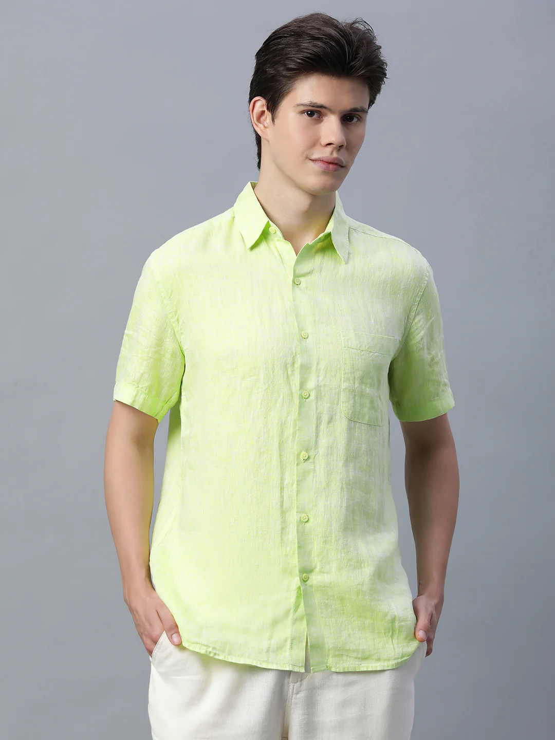 Men's Lime 100% Linen Regular Fit Shirt - Image 2