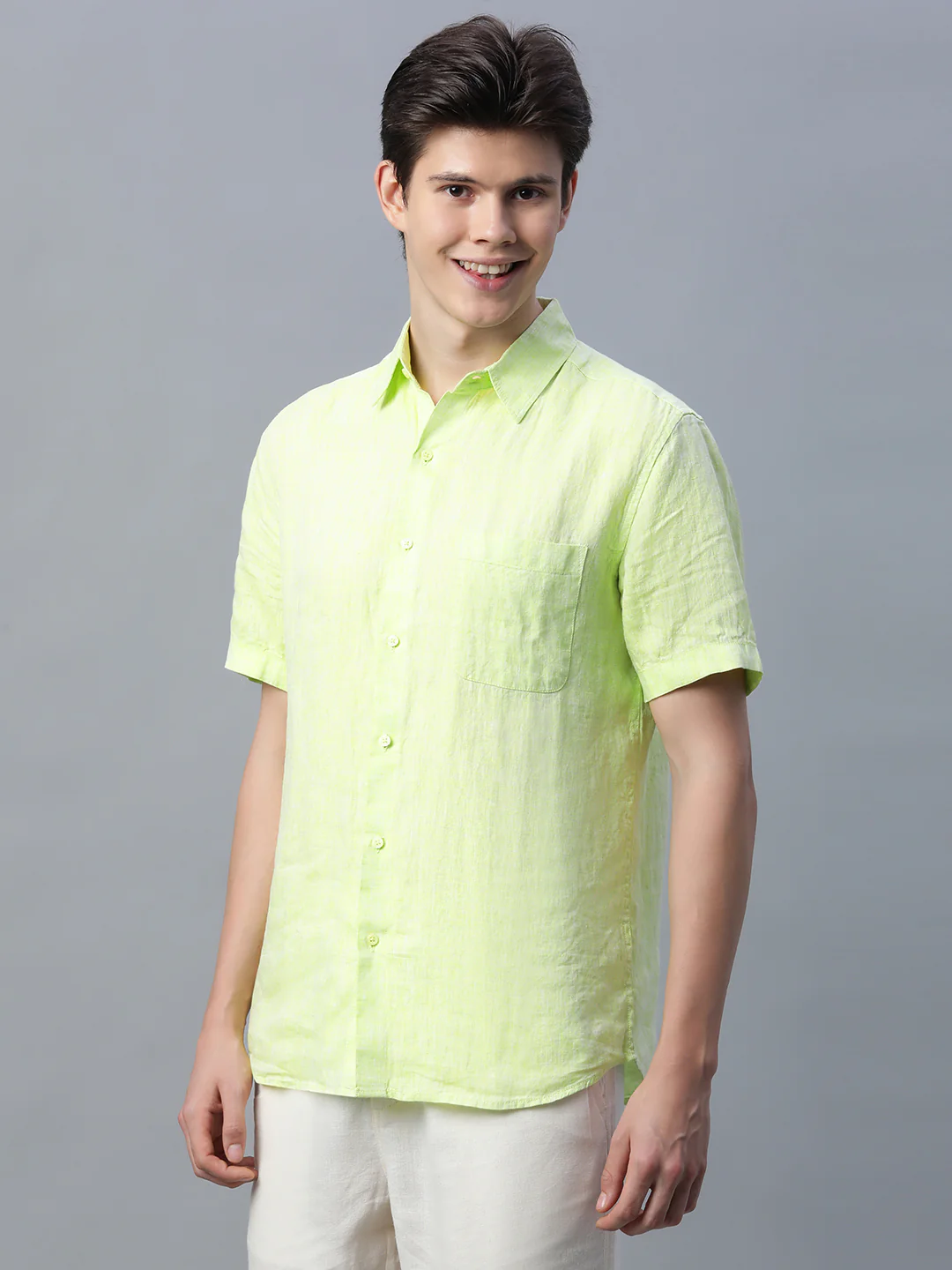 Men's Lime 100% Linen Regular Fit Shirt - Image 3
