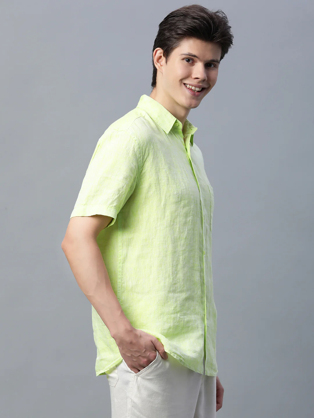 Men's Lime 100% Linen Regular Fit Shirt - Image 4