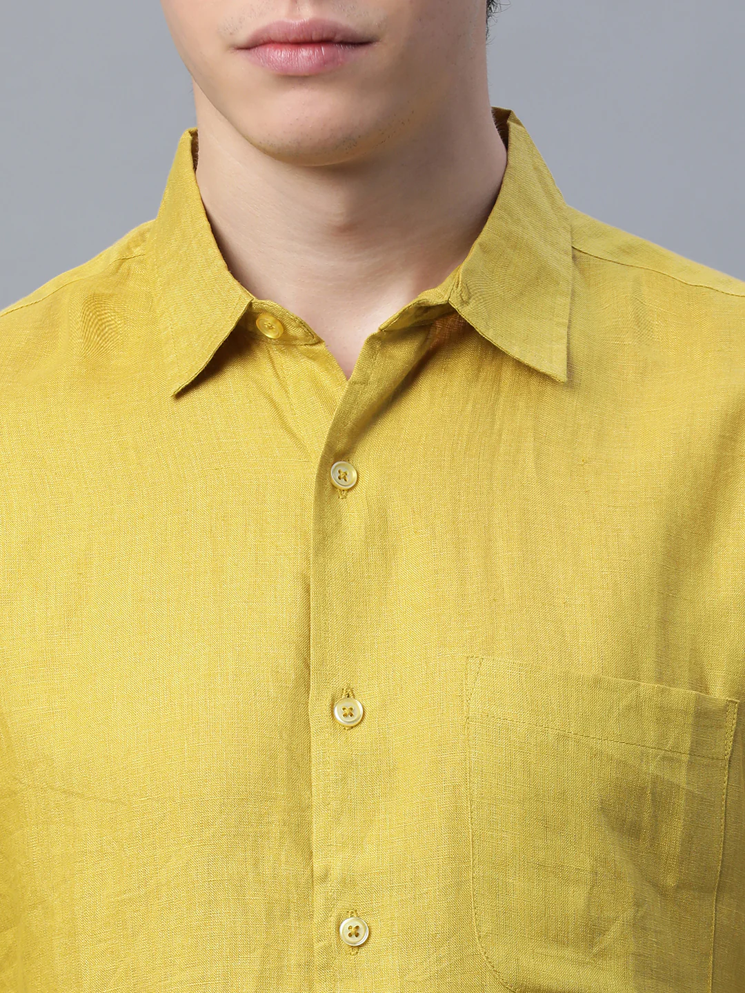 Men's Mustard 100% Linen Regular Fit Shirt - Image 7
