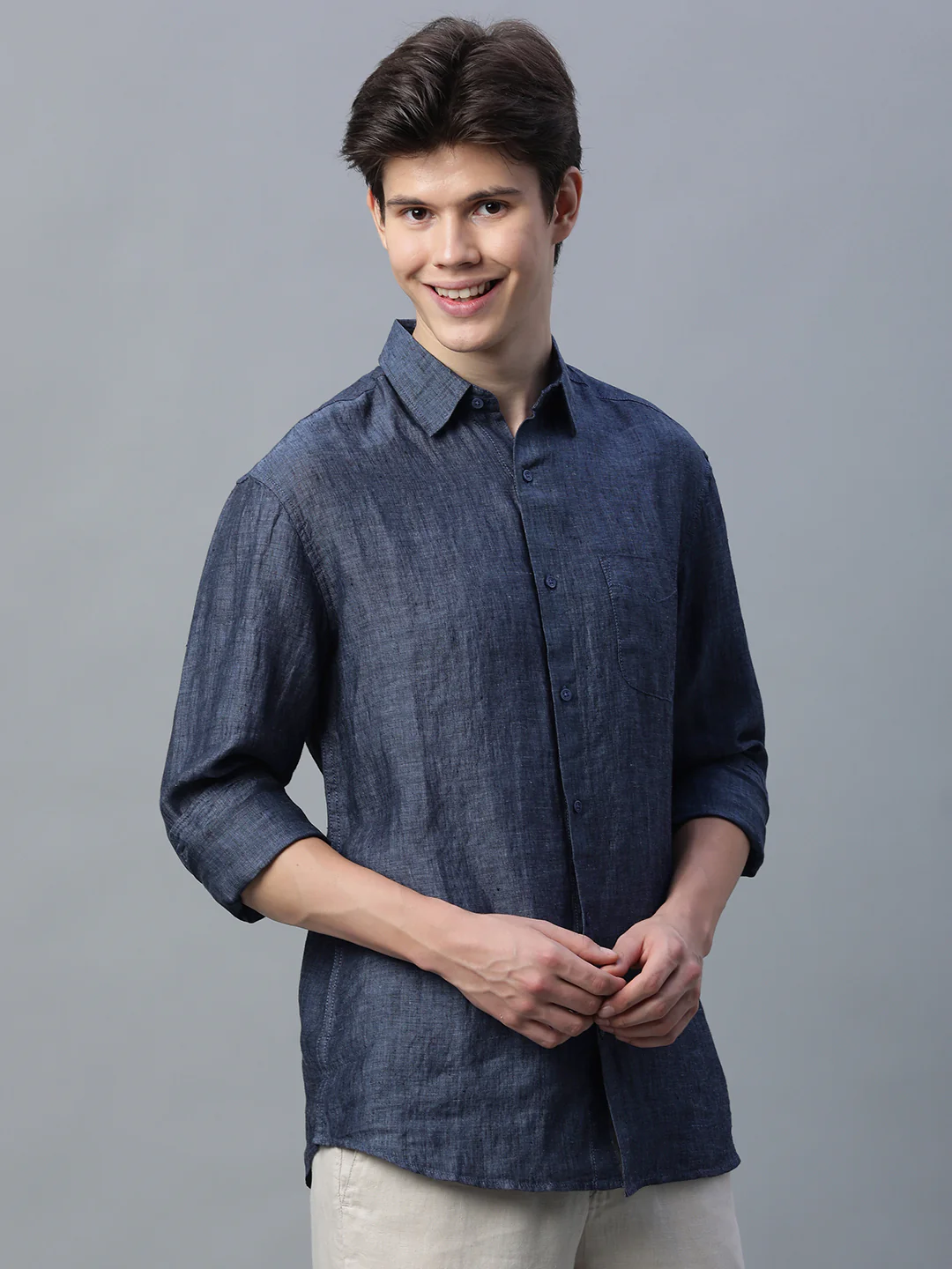Men's Navy 100% Linen Regular Fit Shirt - Image 3