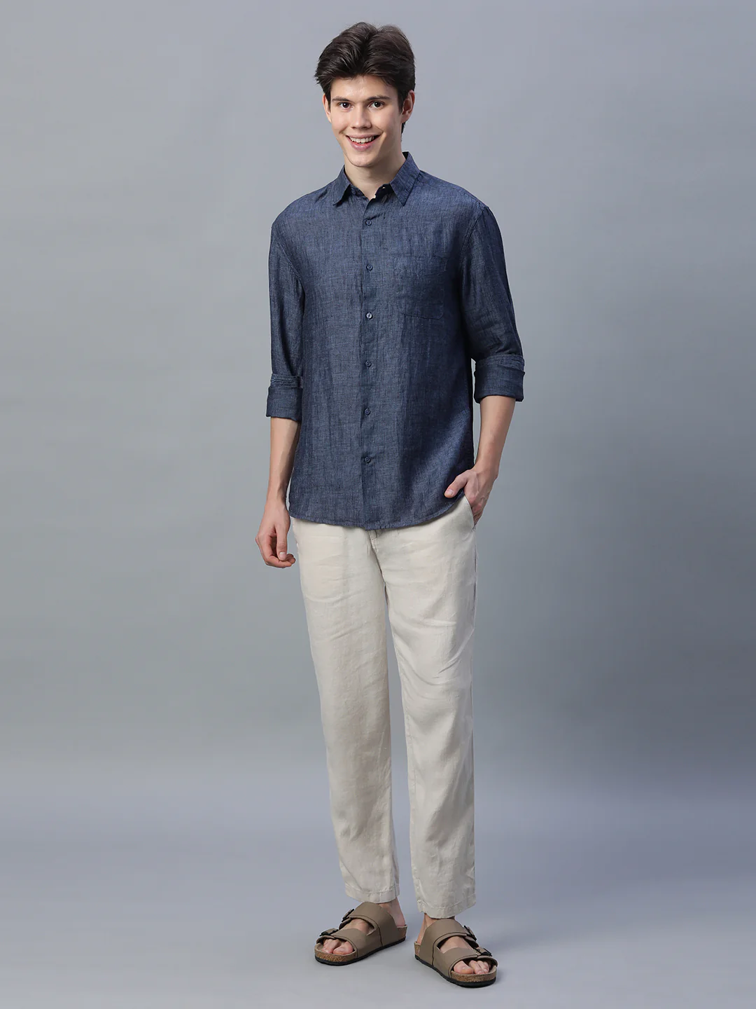 Men's Navy 100% Linen Regular Fit Shirt - Image 5