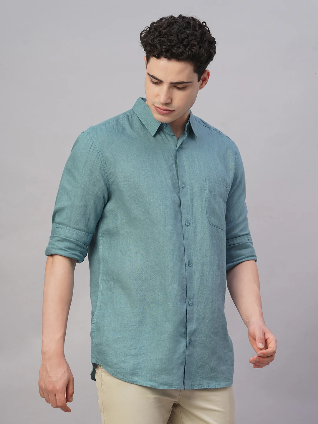 Men's Teal 100% Linen Regular Fit Shirt - Image 4
