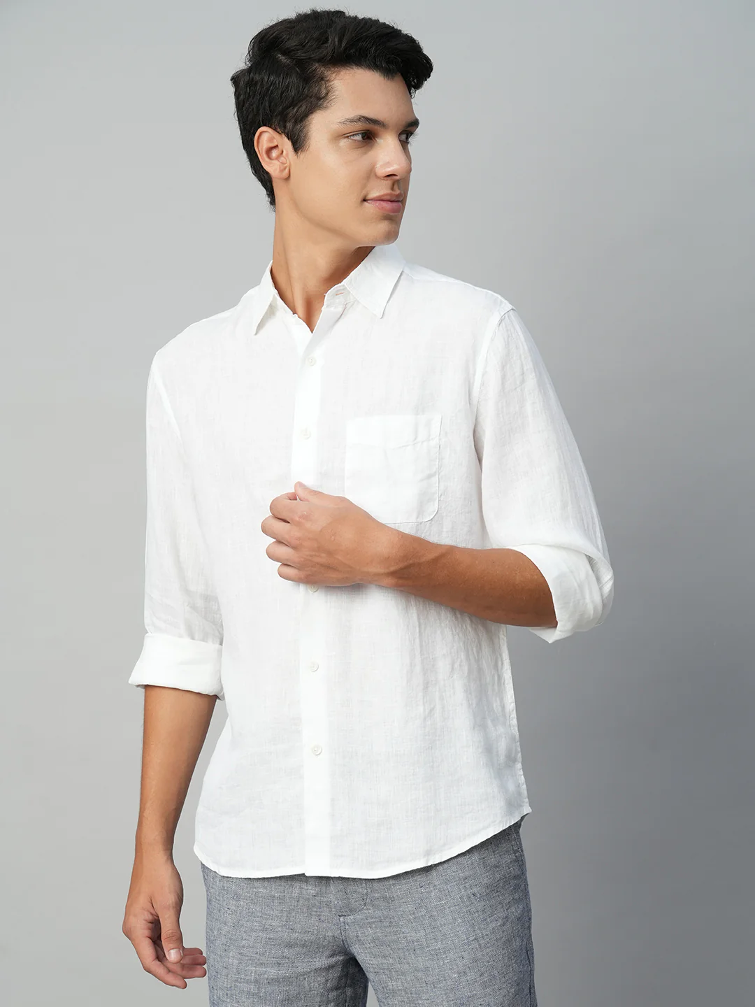 Men's White 100% Linen Regular Fit Shirt